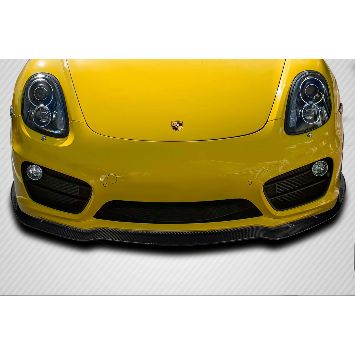 Modify your Porsche Cayman 2014 with our Exterior/Front Bumpers or Lips - Front view of carbon fiber front lip at low angle