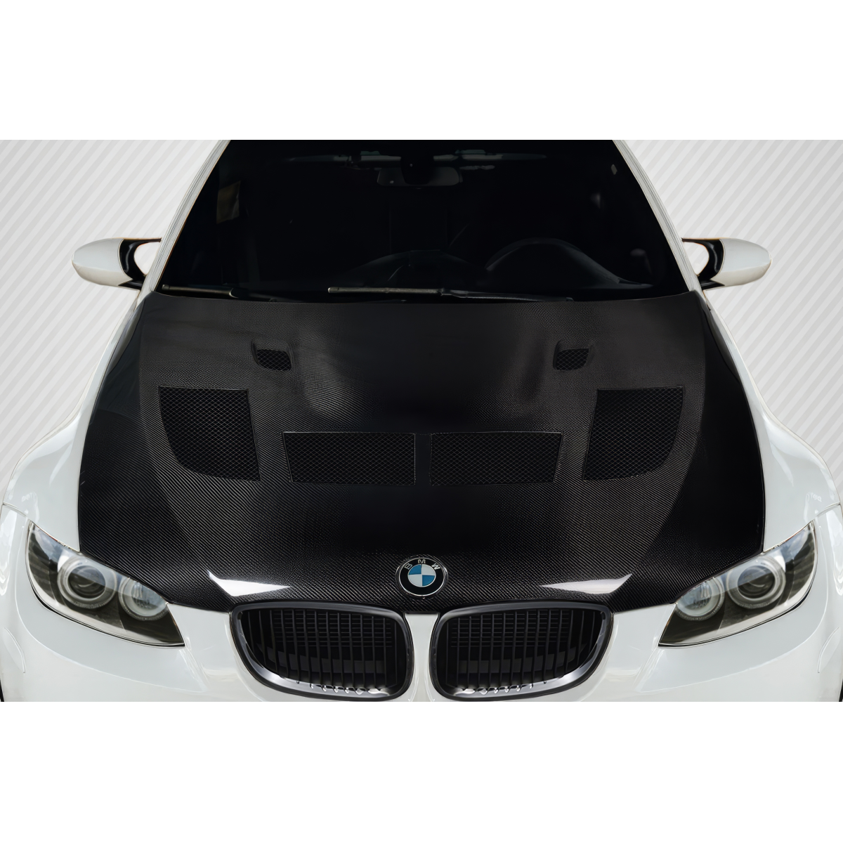 Modify your BMW M3 2008 with our Exterior/Hoods - Top-down view of carbon fiber hood at a straight angle