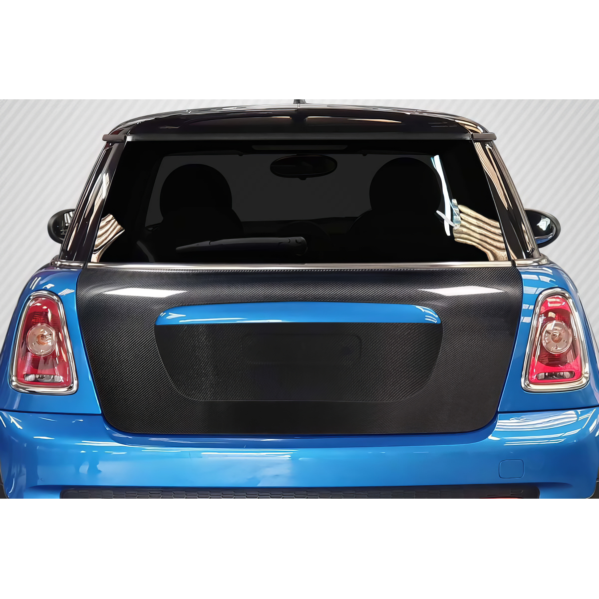 Modify your Mini Cooper 2007 with our Exterior/Trunks - Rear view of Mini Cooper showing trunk part at angle