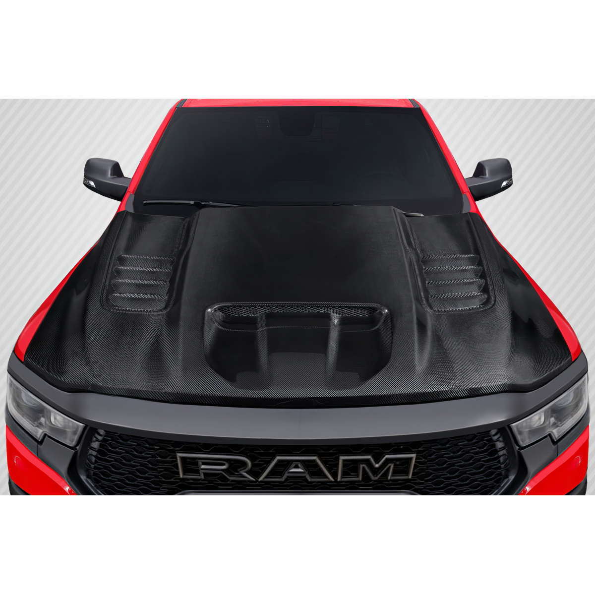 Modify your Ram 1500 2019 with our Exterior/Hoods - Front top view of hood at a straight angle