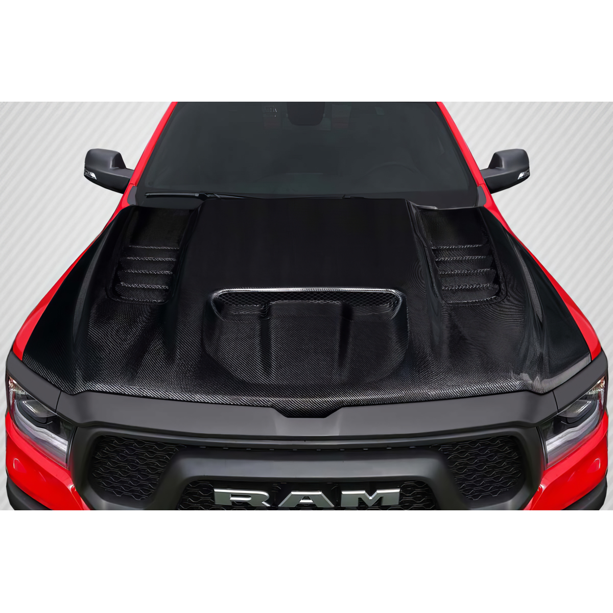 Modify your Dodge Ram 2019 with our Exterior/Hoods - Viewed from front at slight downward angle