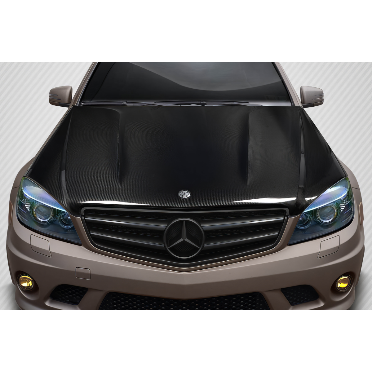 Modify your Mercedes-Benz C300 2008 with our Exterior/Hoods - Front view of a carbon fiber hood