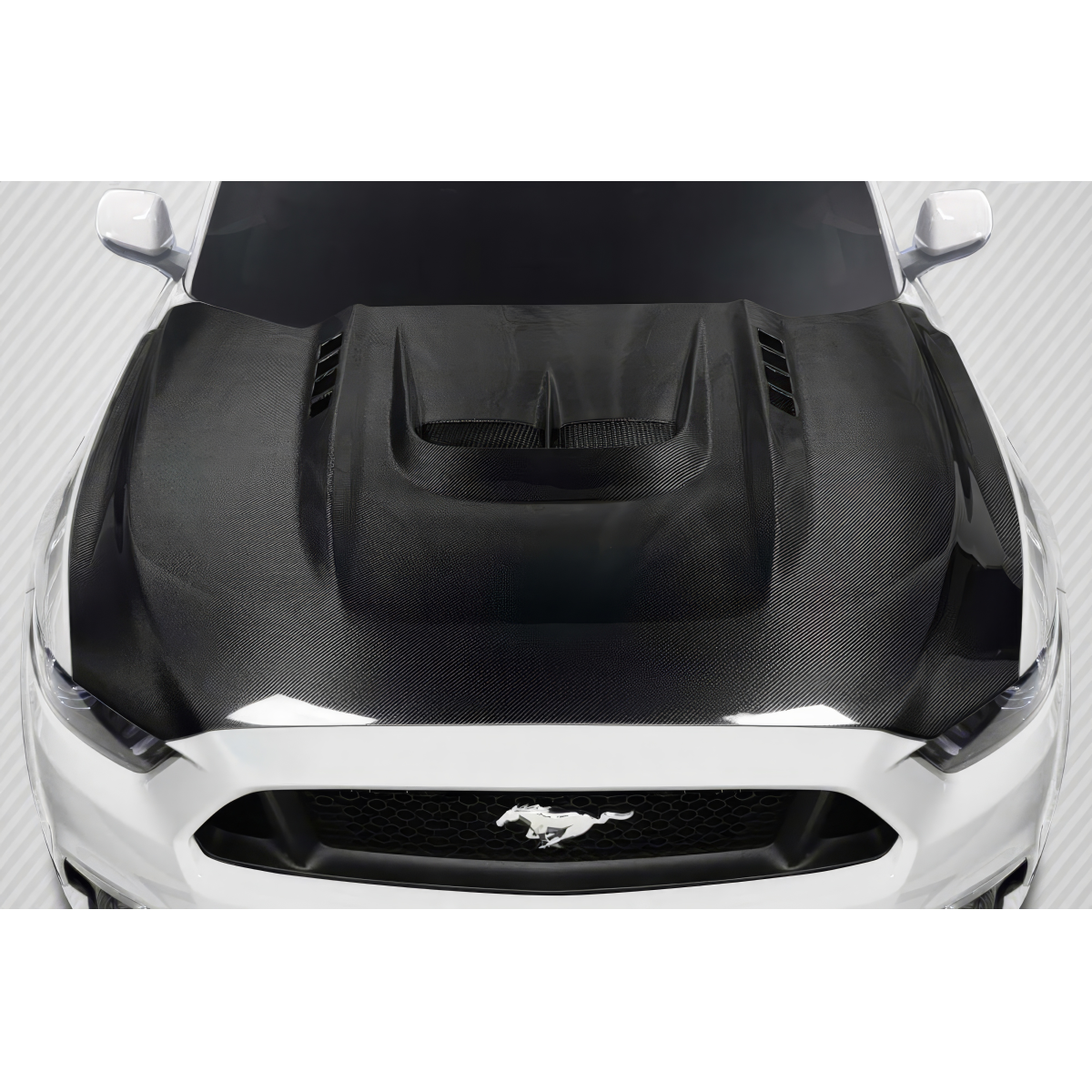 Modify your Ford Mustang 2015 with our Exterior/Hoods - Top down view of carbon fiber hood on a Mustang