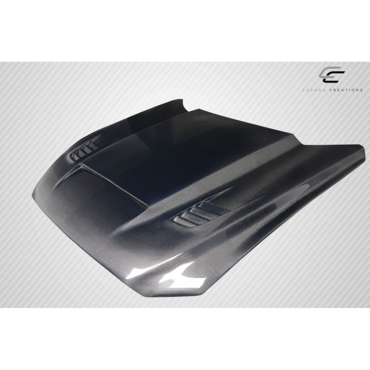 Modify your Ford Mustang 2015 with our Exterior/Hoods - Angled view showing the carbon fiber hood design