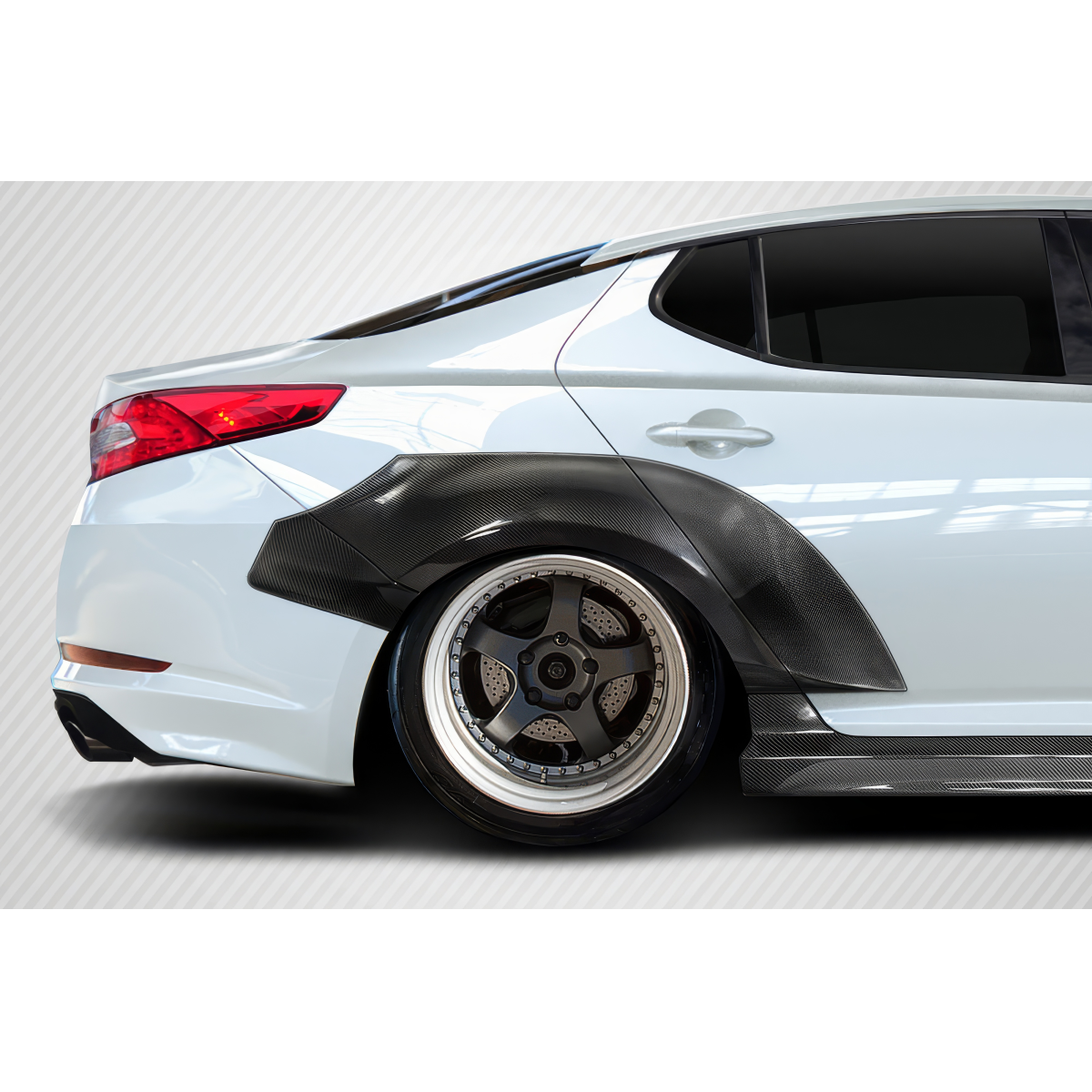 Modify your KIA Optima 2011 with our Exterior/Complete Body Kits - Rear side angle view of car fender flares