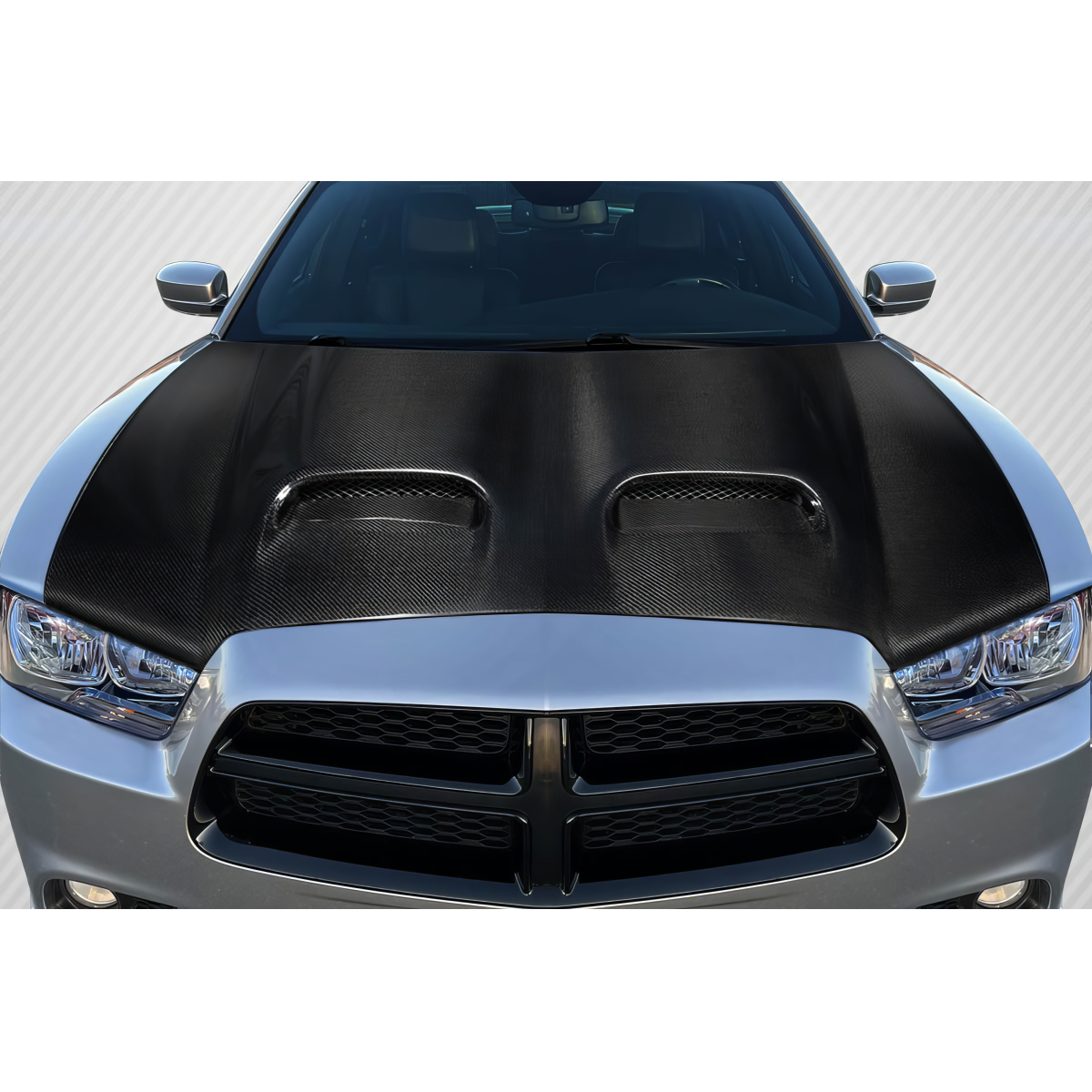 Modify your Dodge Charger 2011 with our Exterior/Hoods - Front view of car hood at a slightly elevated angle