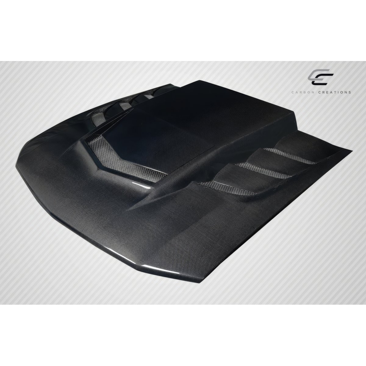 Modify your Ford Mustang 2005 with our Exterior/Hoods - Angle shows top view of the carbon fiber hood