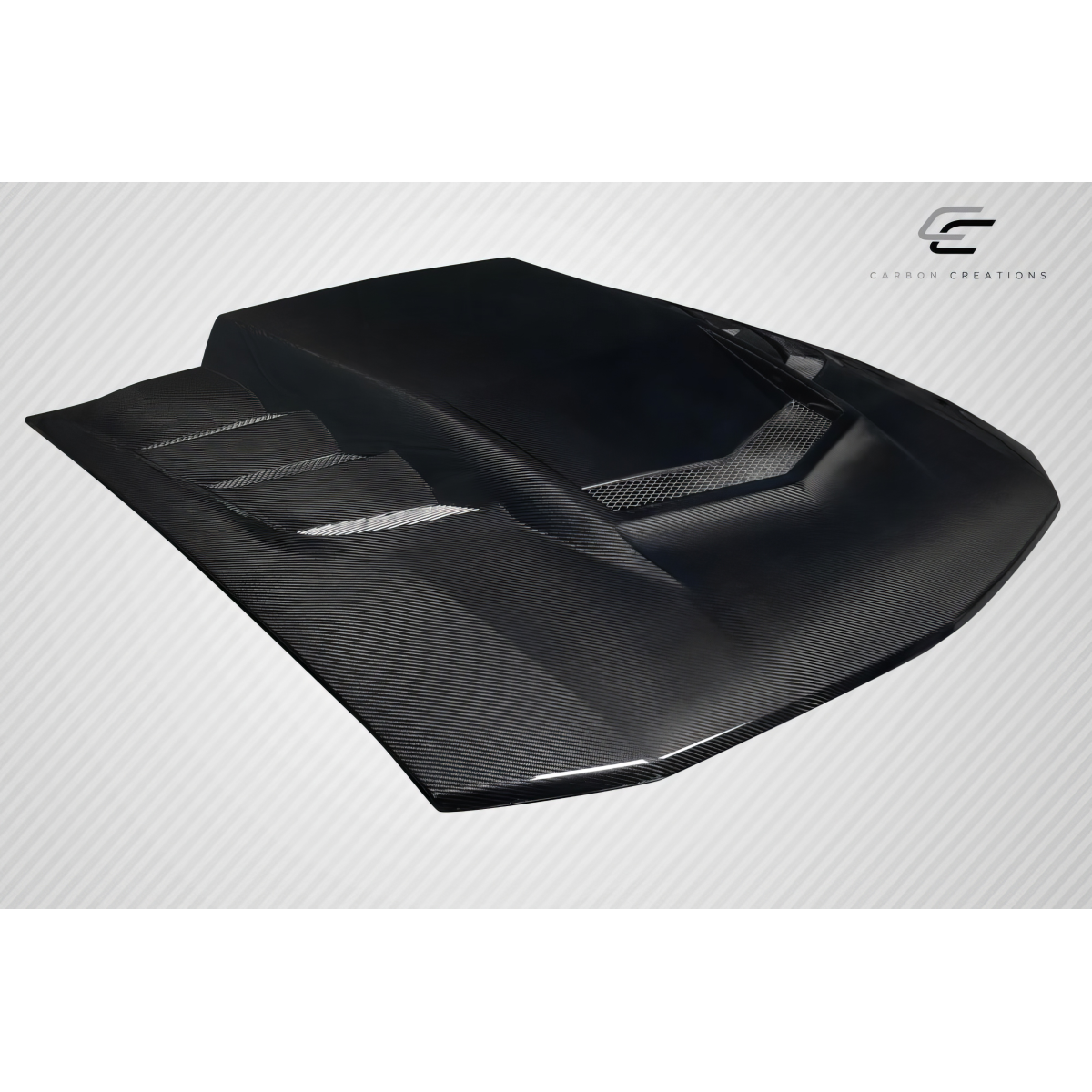 Modify your Ford Mustang 2005 with our Exterior/Hoods - Angled view showing sleek carbon fiber hood design