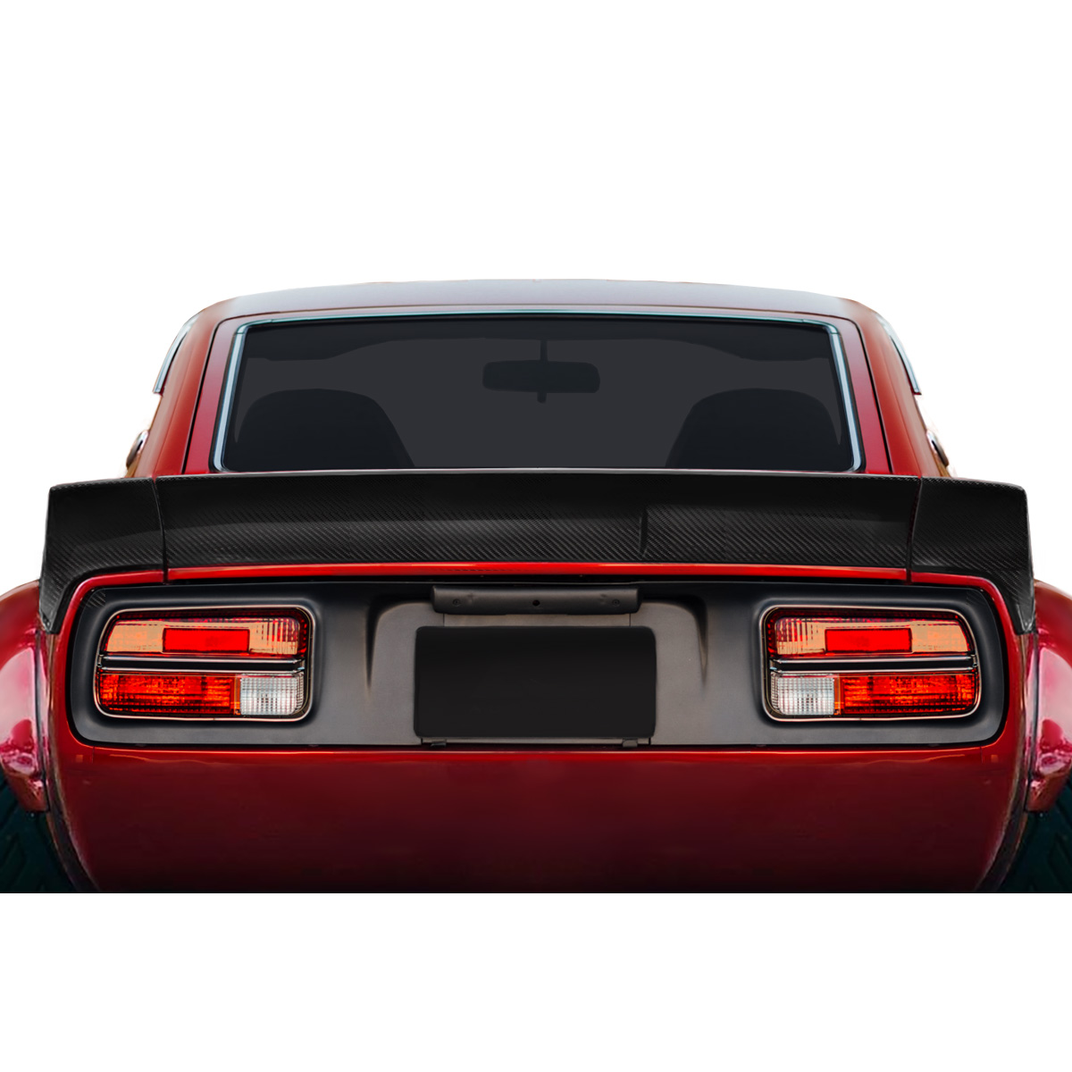Modify your Nissan 240Z 1970 with our Exterior/Wings - Rear view of a car with carbon fiber wing