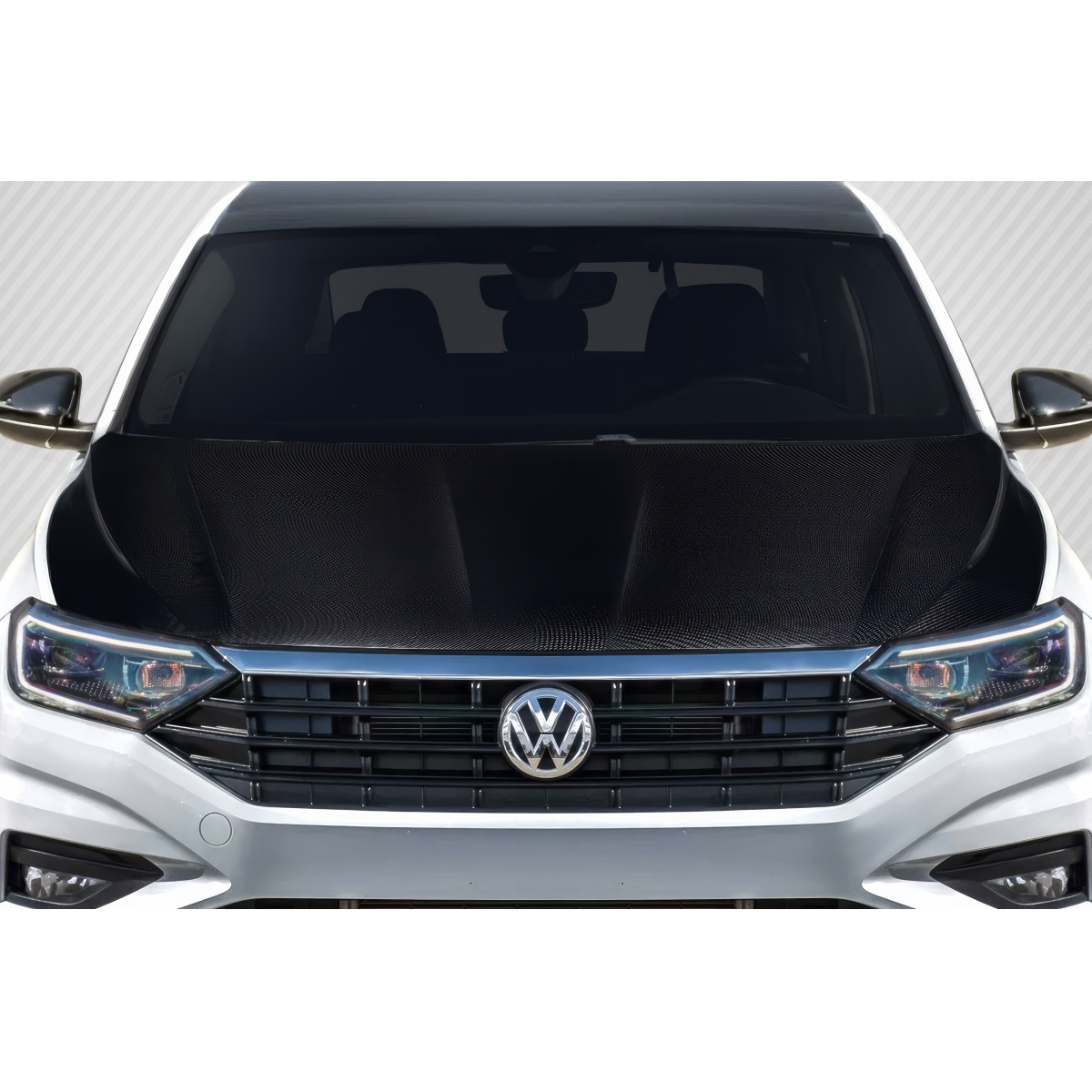 Modify your Volkswagen Jetta 2019 with our Exterior/Hoods - Frontal view of vehicle showing hood and grille