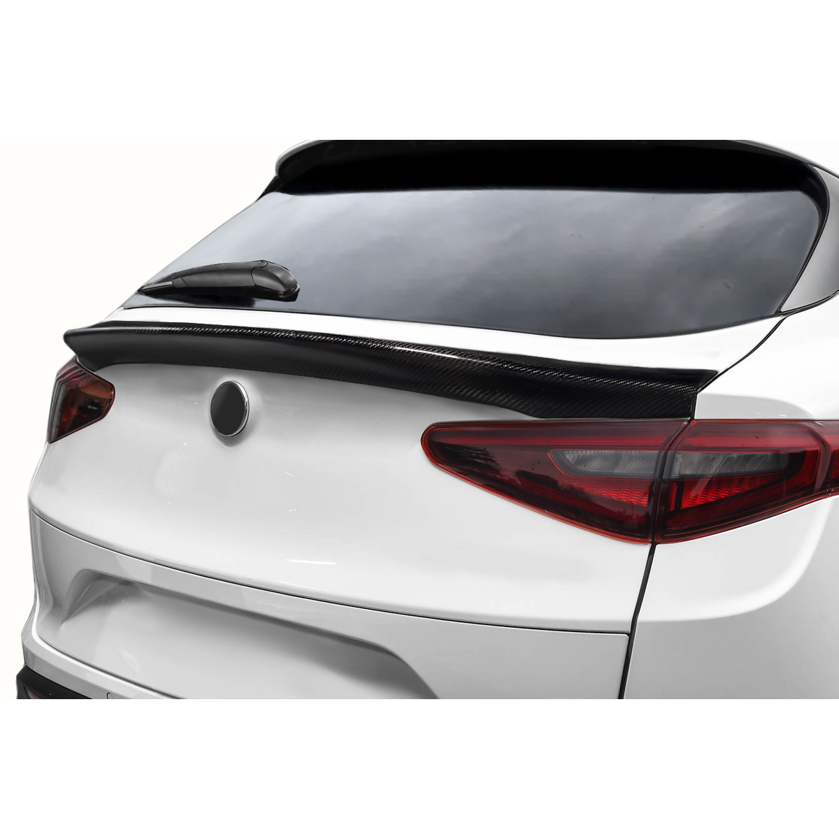 Modify your Alfa Romeo Stelvio 2018 with our Exterior/Wings - Rear view angle of car spoiler installed