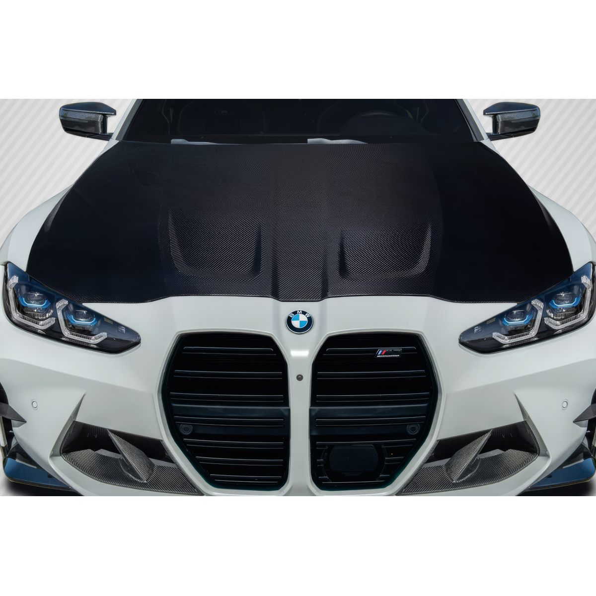 Modify your BMW M3 2021 with our Exterior/Hoods - Front view of the hood at a slight angle