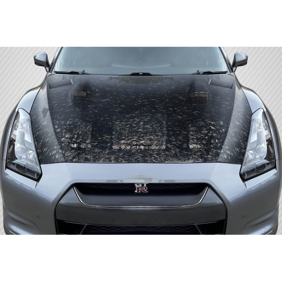 Modify your Nissan GT-R 2009 with our Exterior/Hoods - Front view of carbon fiber hood at zero degrees angle