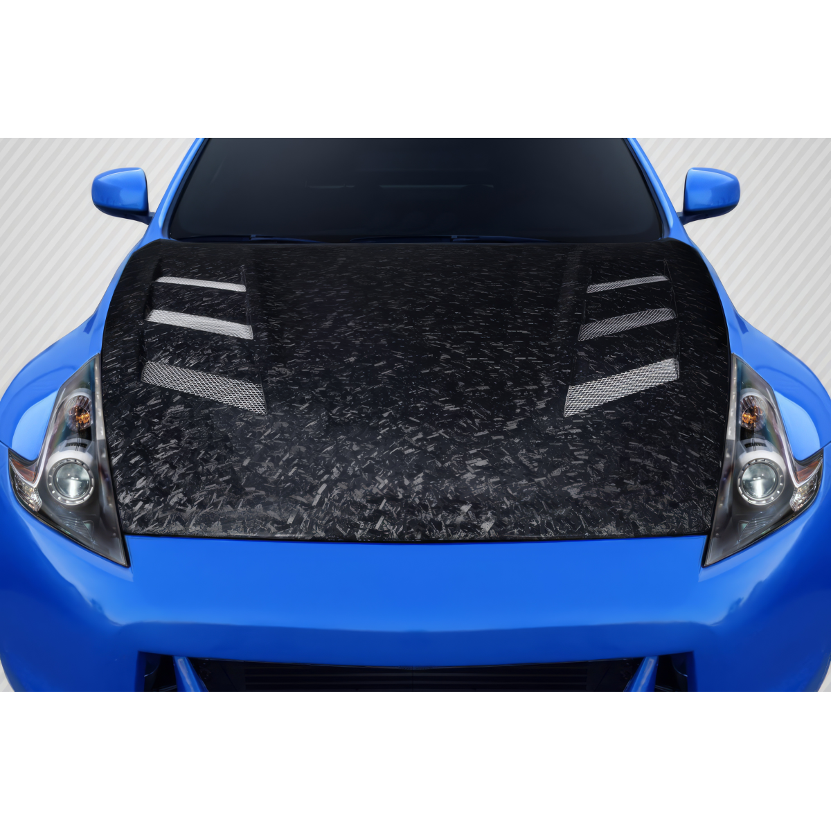 Modify your Nissan 370Z 2009 with our Exterior/Hoods - Top view of carbon fiber hood at slight angle