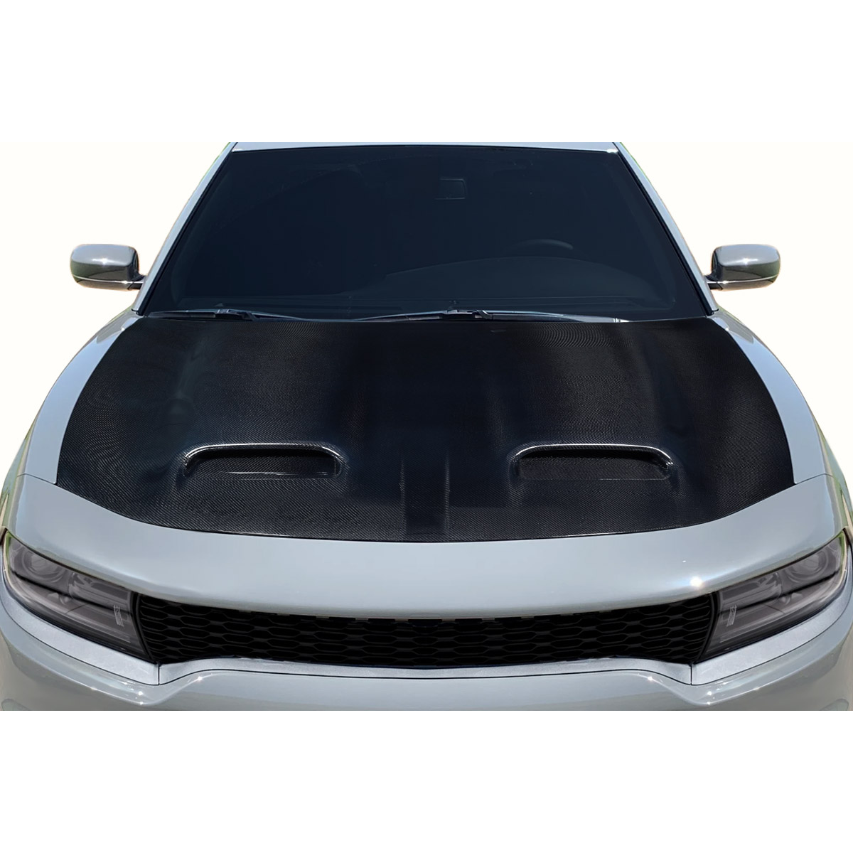 Modify your Dodge Charger 2015 with our Exterior/Hoods - Front view showing carbon fiber hood details