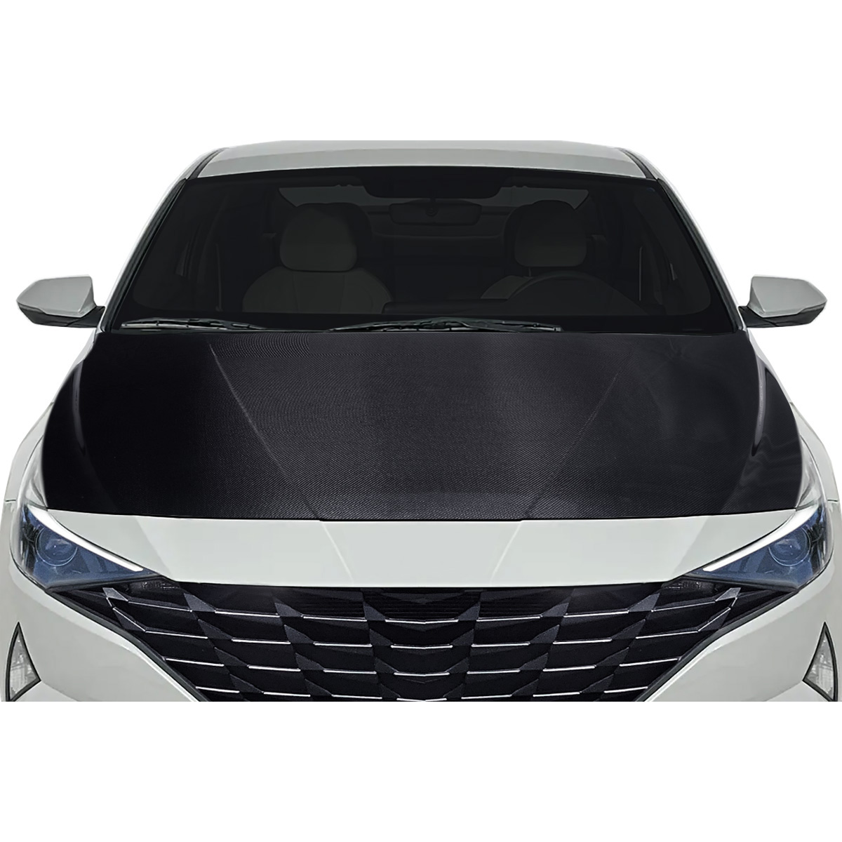 Modify your Hyundai Elantra 2021 with our Exterior/Hoods - Front view of carbon fiber hood at zero degrees