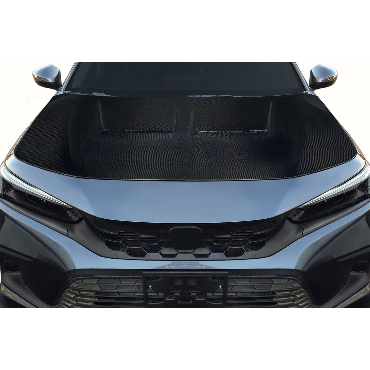 Modify your Honda Civic 2022 with our Exterior/Hoods - Top view of carbon fiber hood at slight angle