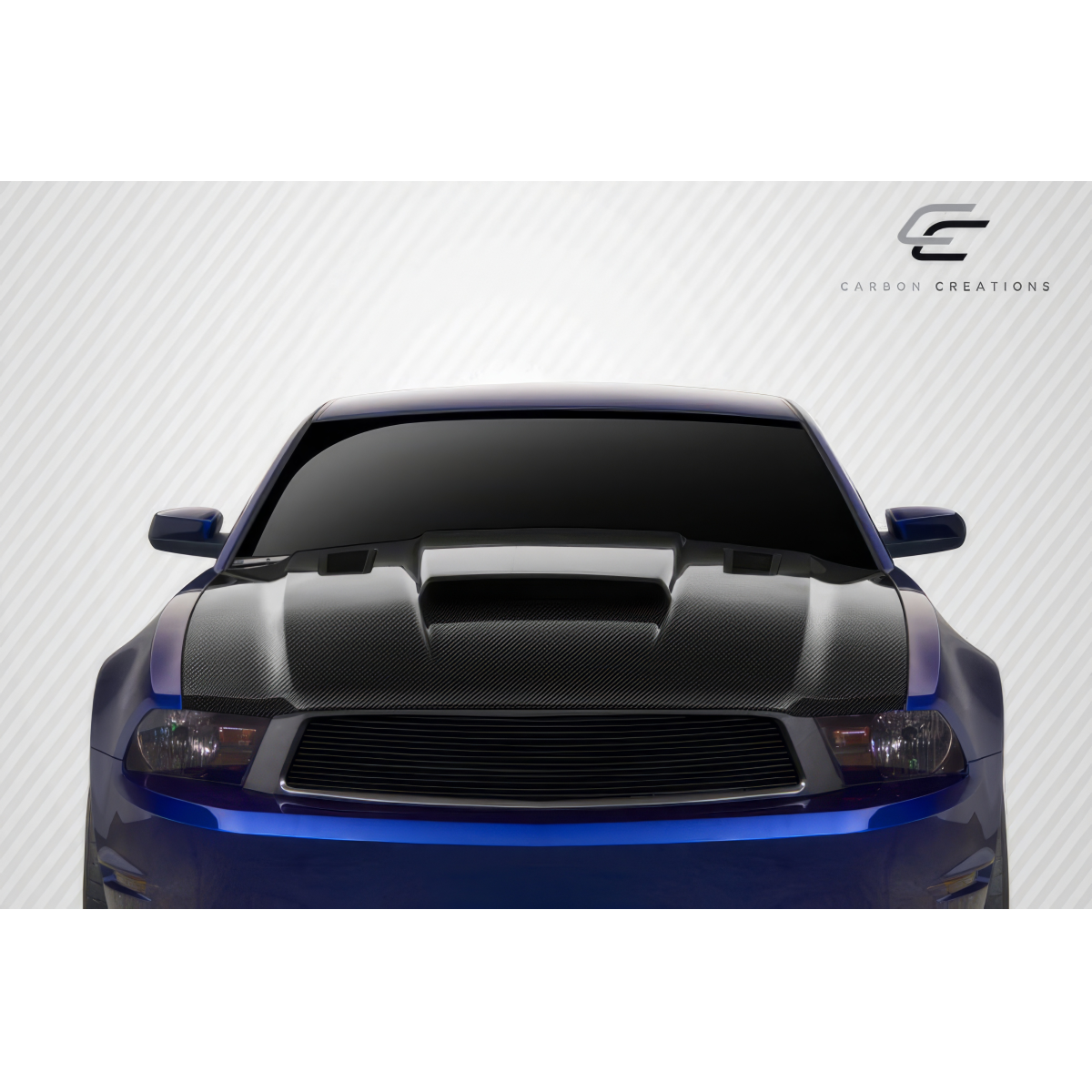 Modify your Ford Mustang 2010 with our Exterior/Hoods - Front view showcasing carbon fiber hood design