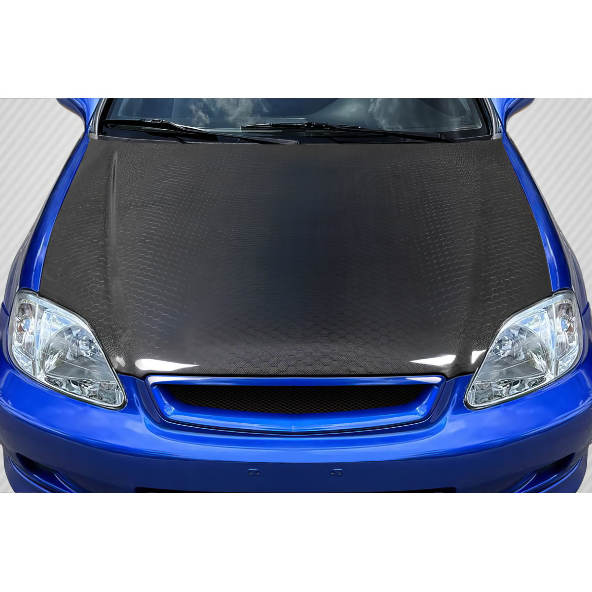 Modify your Honda Civic 1999 with our Exterior/Hoods - Front view of car hood from a slight angle