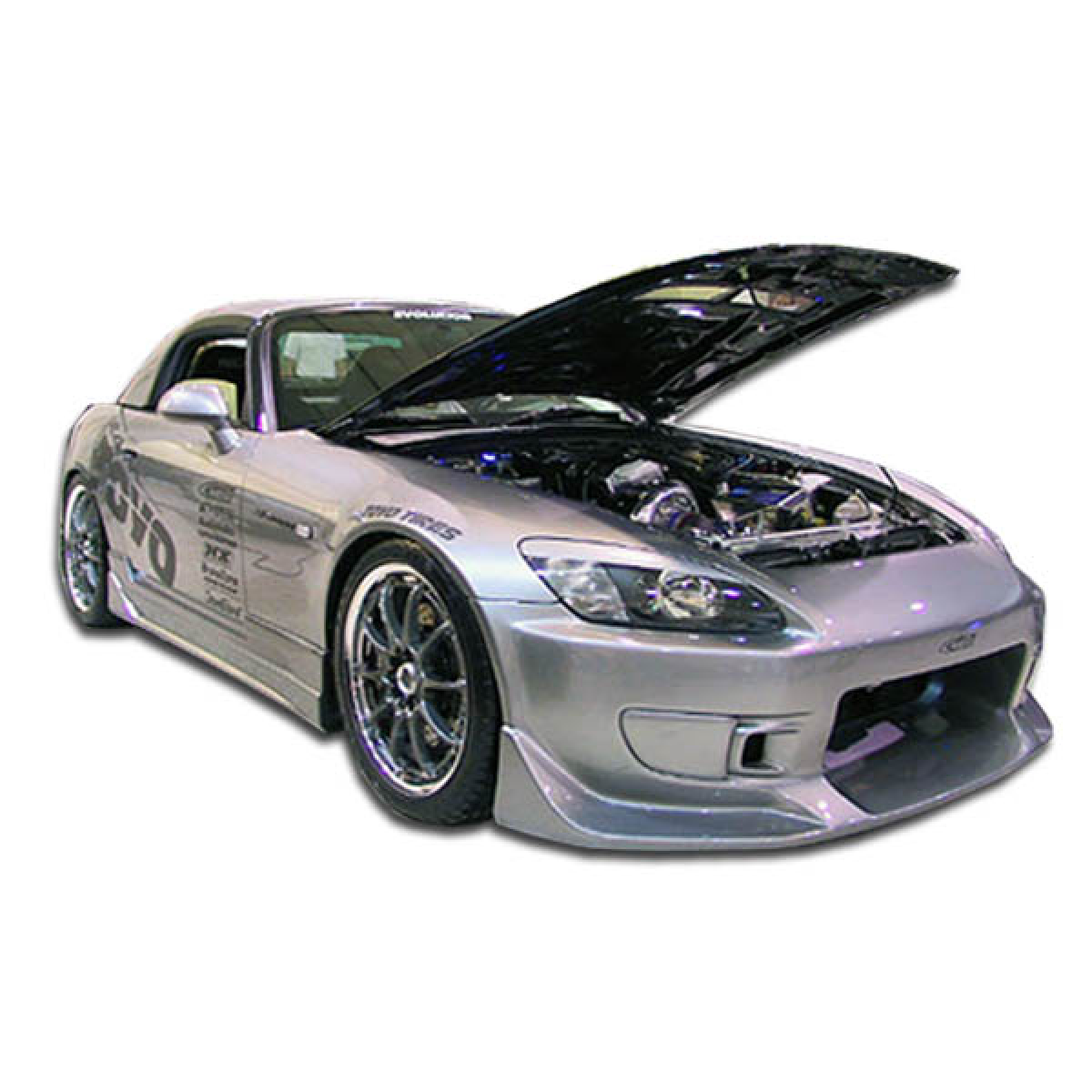 Modify your Honda S2000 2000 with our Exterior/Front Bumpers or Lips - Side angle with hood open showcasing engine bay