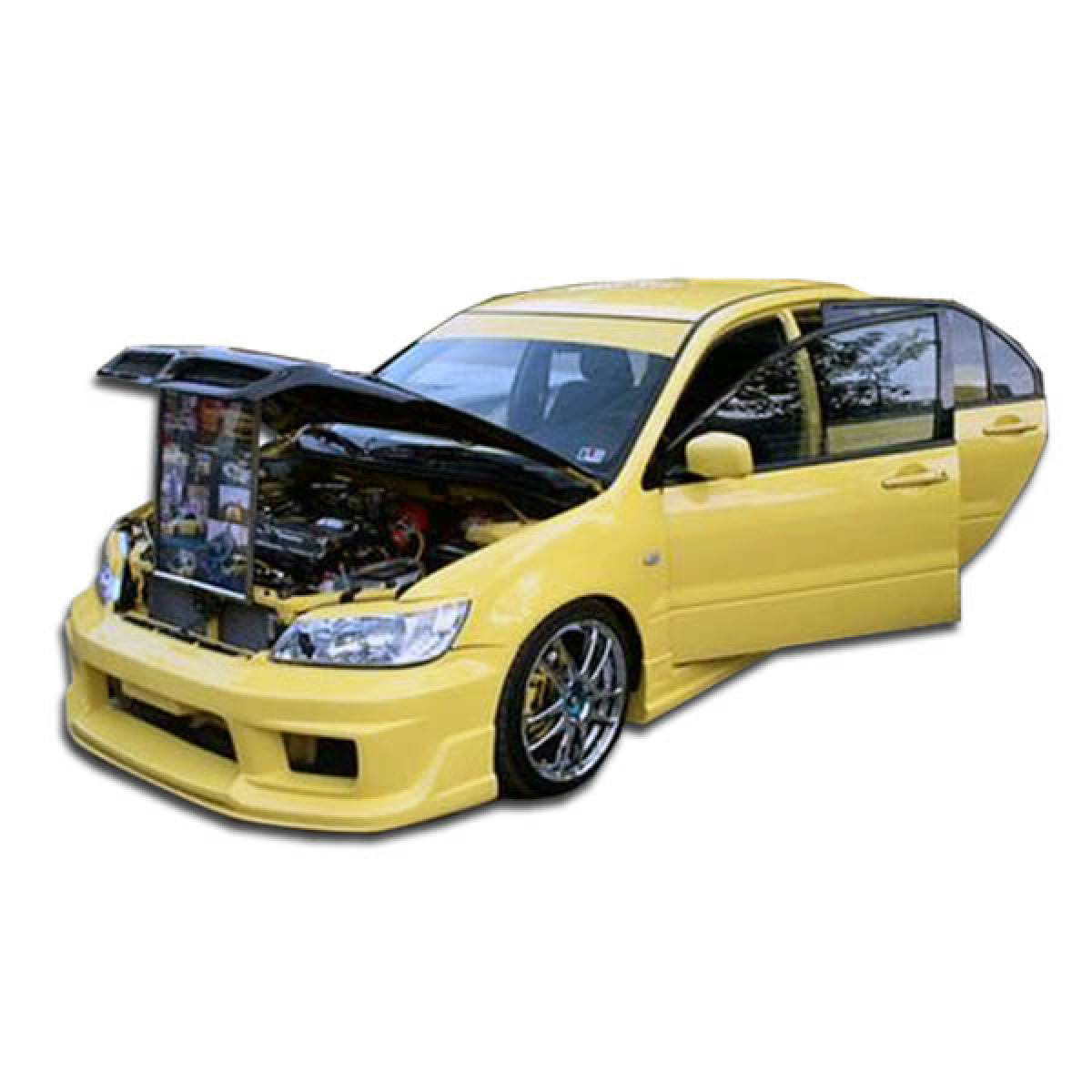 Modify your Mitsubishi Lancer 2002 with our Exterior/Front Bumpers or Lips - Front left angle with hood raised and door open