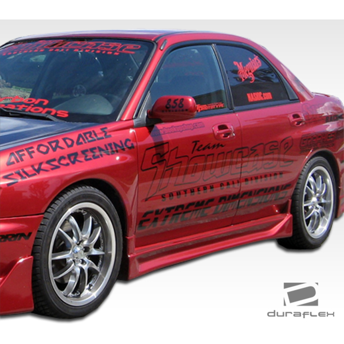 Modify your Subaru Impreza 2002 with our Exterior/Side Skirts - Side angle view of a customized red Subaru Impreza