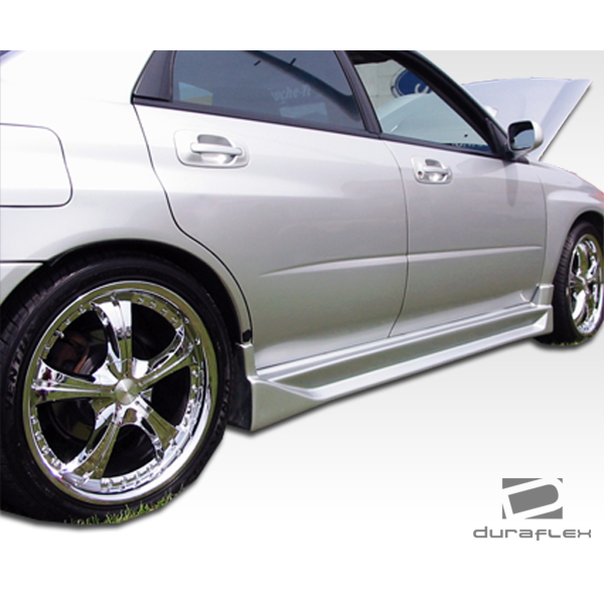 Modify your Subaru Impreza 2002 with our Exterior/Side Skirts - Viewed from a low side angle showcasing the skirts