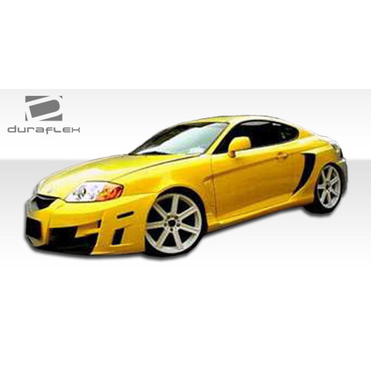 Modify your Hyundai Tiburon 2003 with our Exterior/Front Bumpers or Lips - Front view angle of the modified yellow vehicle