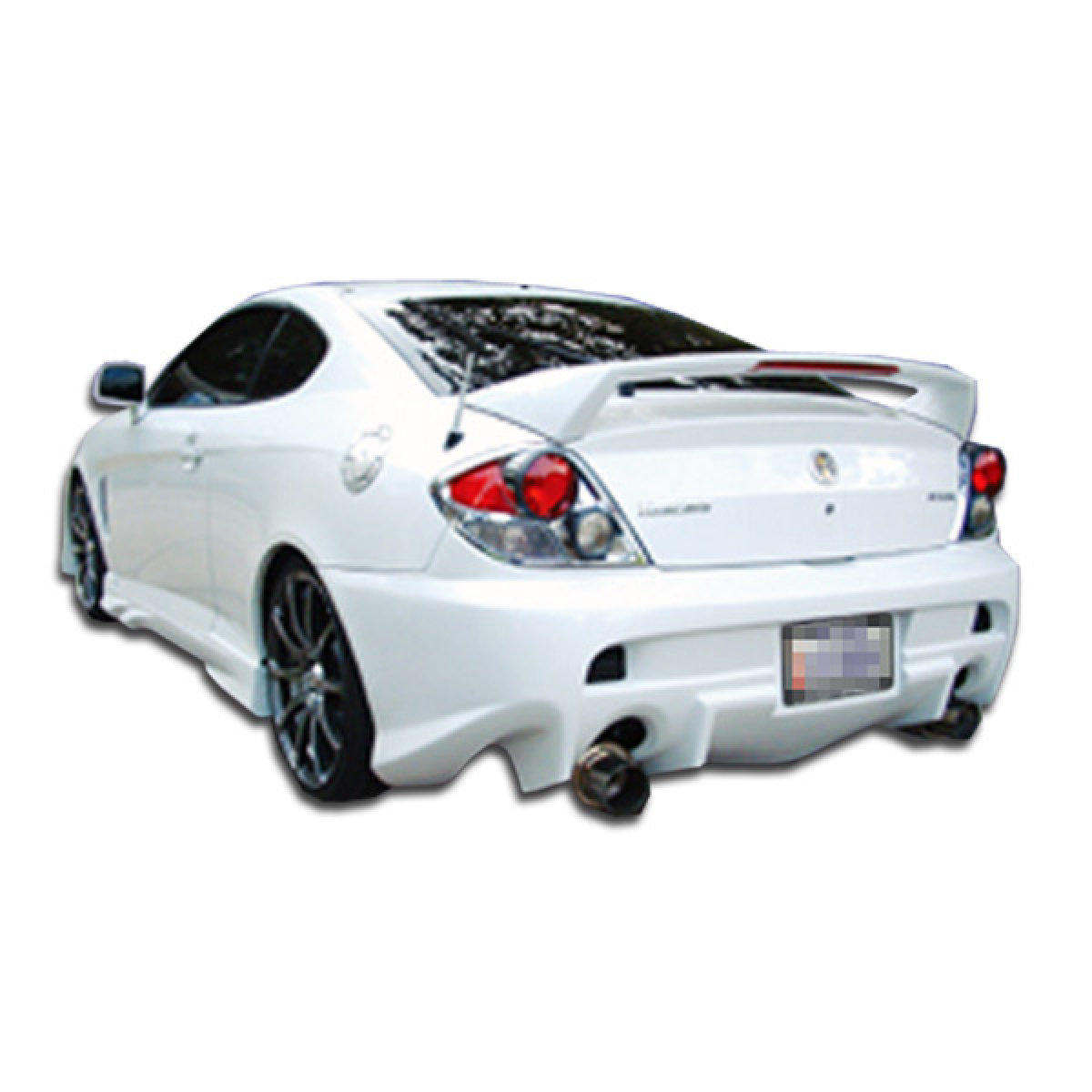 Modify your Hyundai Tiburon 2003 with our Exterior/Rear Bumpers - Rear angle view of a white Hyundai Tiburon