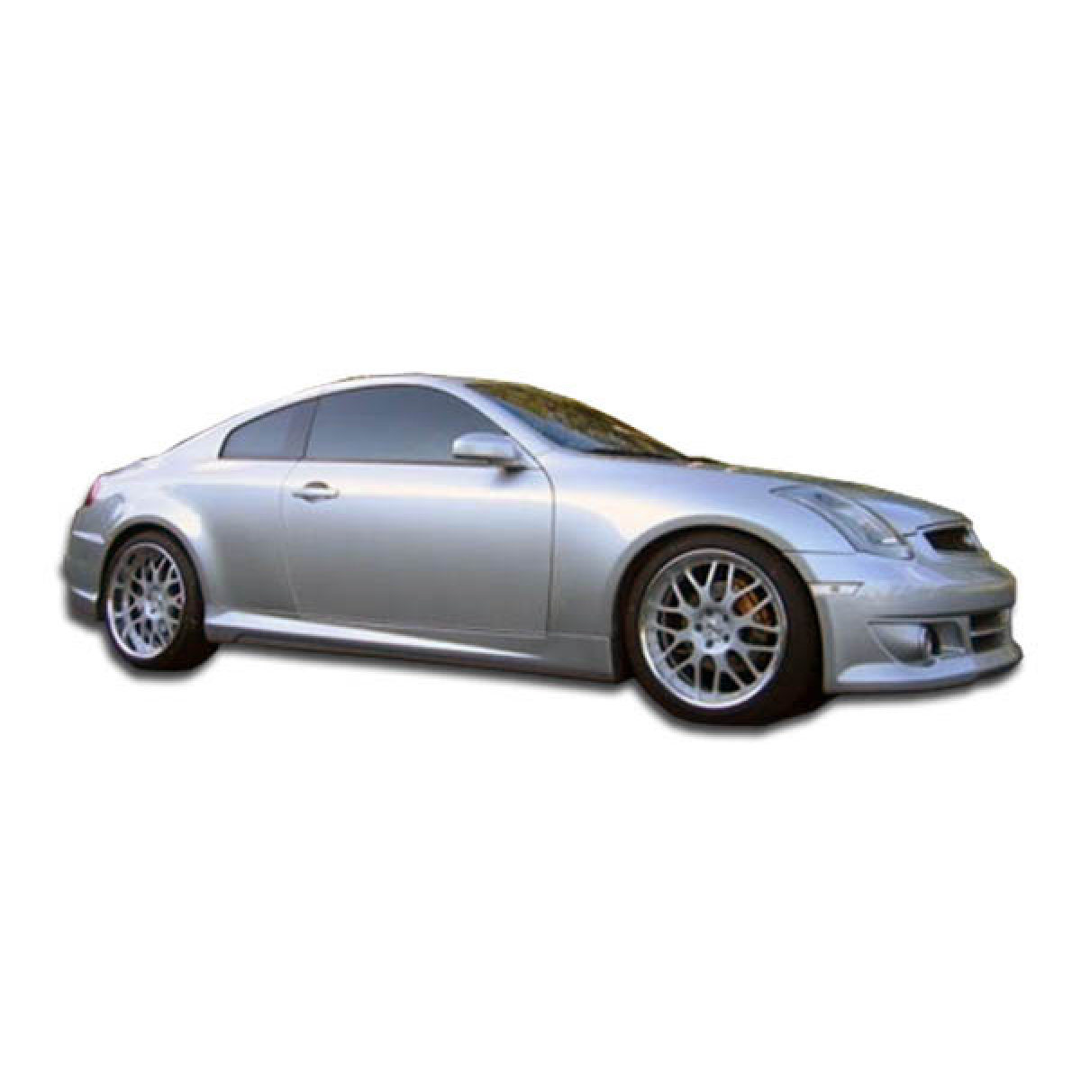 Modify your Infiniti G35 2003 with our Exterior/Side Skirts - Side view angle of a sporty silver coupe