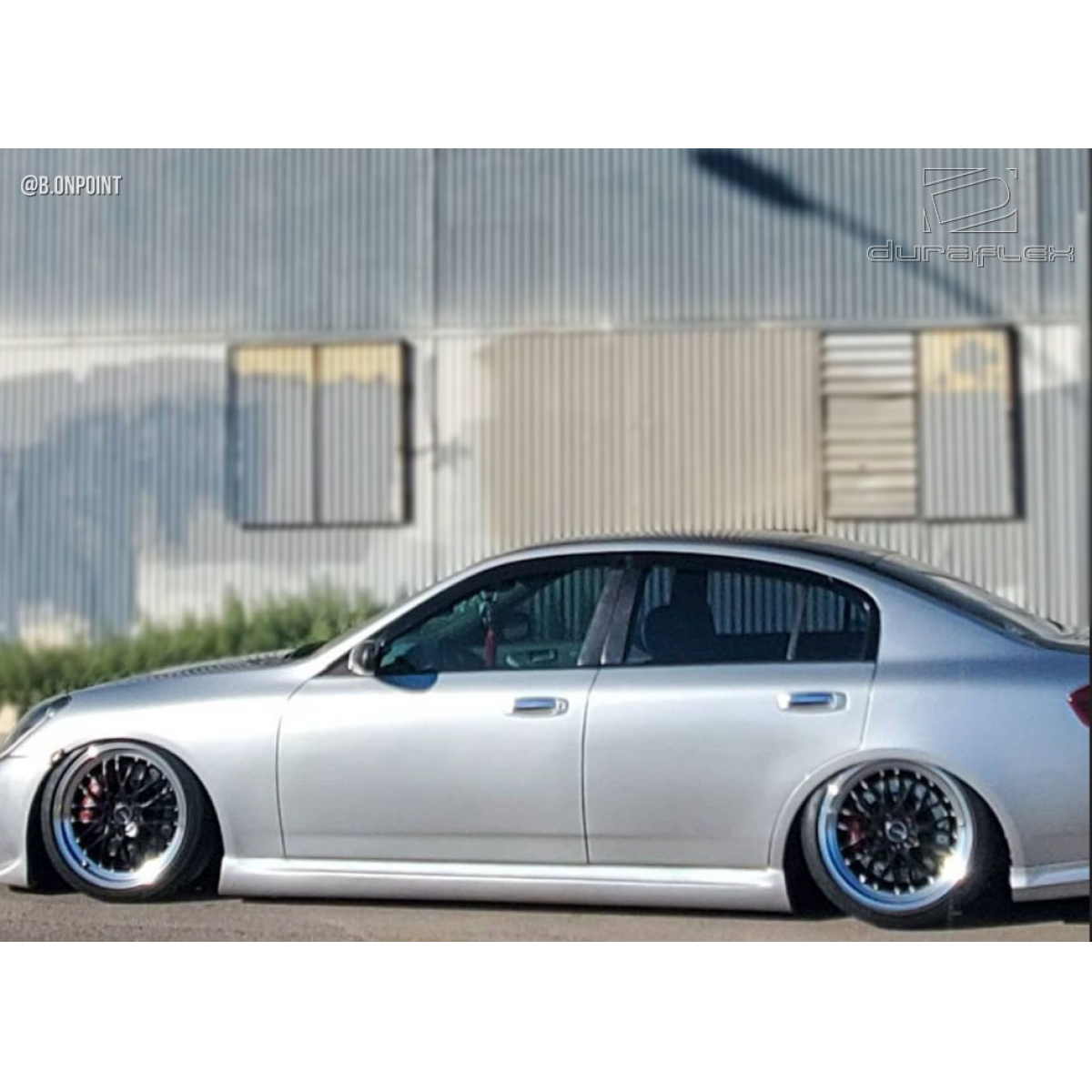 Modify your Infiniti G35 2003 with our Exterior/Side Skirts - Side angle view of a lowered Infiniti G35