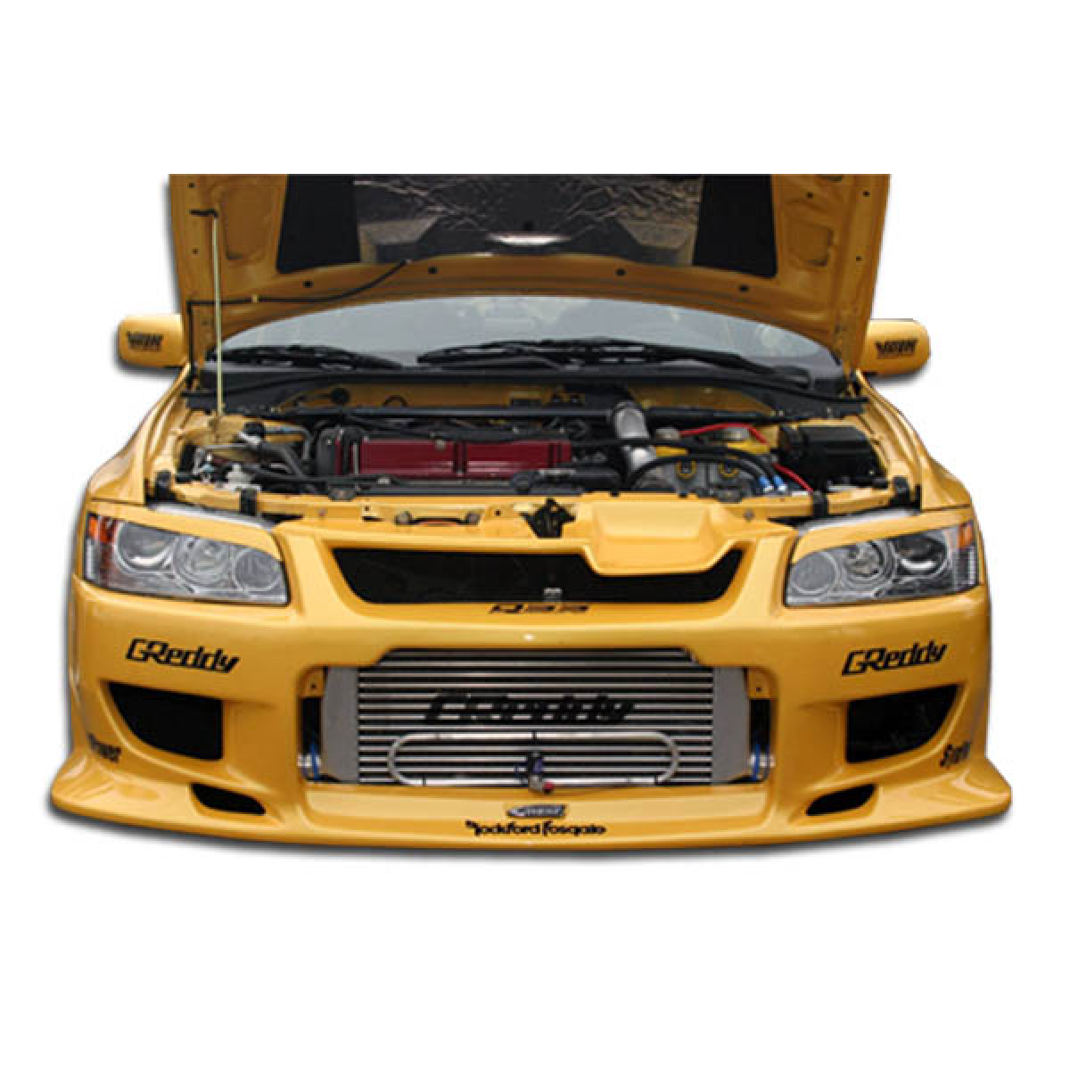 Modify your Mitsubishi Evolution 2003 with our Exterior/Front Bumpers or Lips - Front view of a modified vehicle engine bay