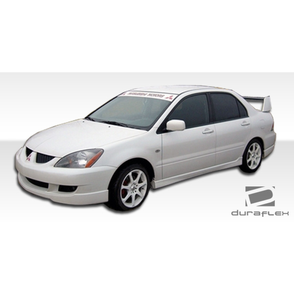 Modify your Mitsubishi Lancer 2004 with our Exterior/Front Bumpers or Lips - Front angle view of a white Mitsubishi Lancer