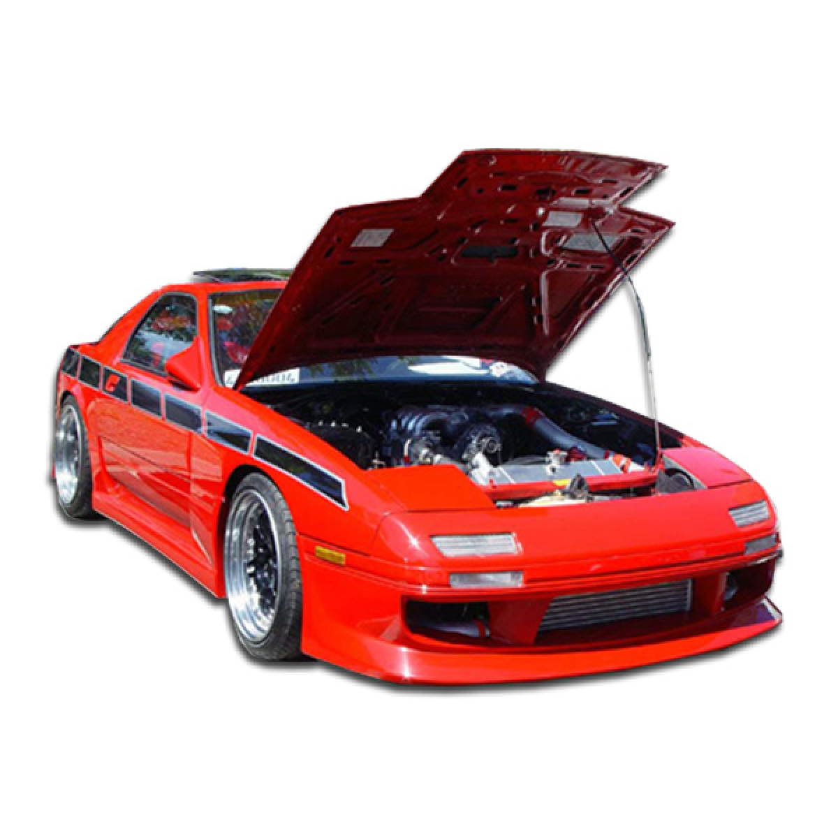 Modify your Mazda RX-7 1986 with our Exterior/Front Bumpers or Lips - Front right angle view of car with open hood