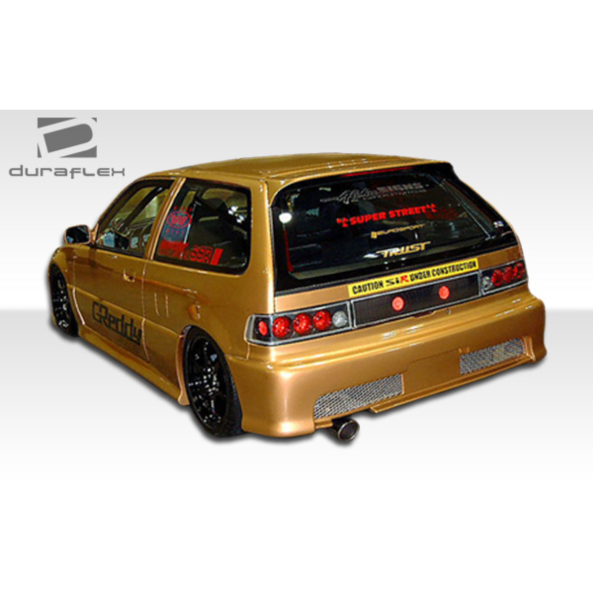 Modify your Honda Civic 1988 with our Exterior/Side Skirts - Rear angle view of the vehicle showing side skirts