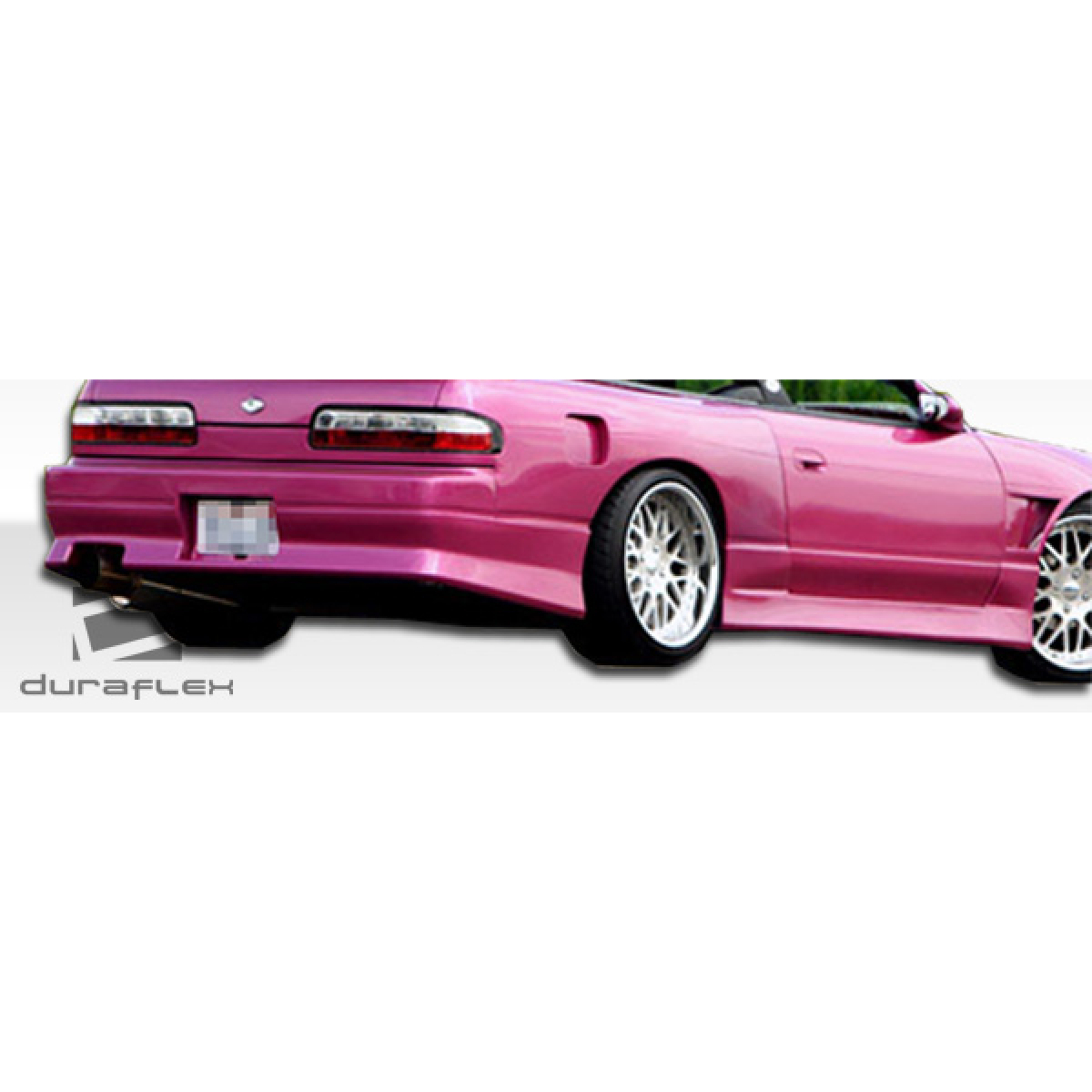 Modify your Nissan 240SX 1989 with our Exterior/Side Skirts - Rear angle of a pink Nissan 240SX S13 showing side skirts