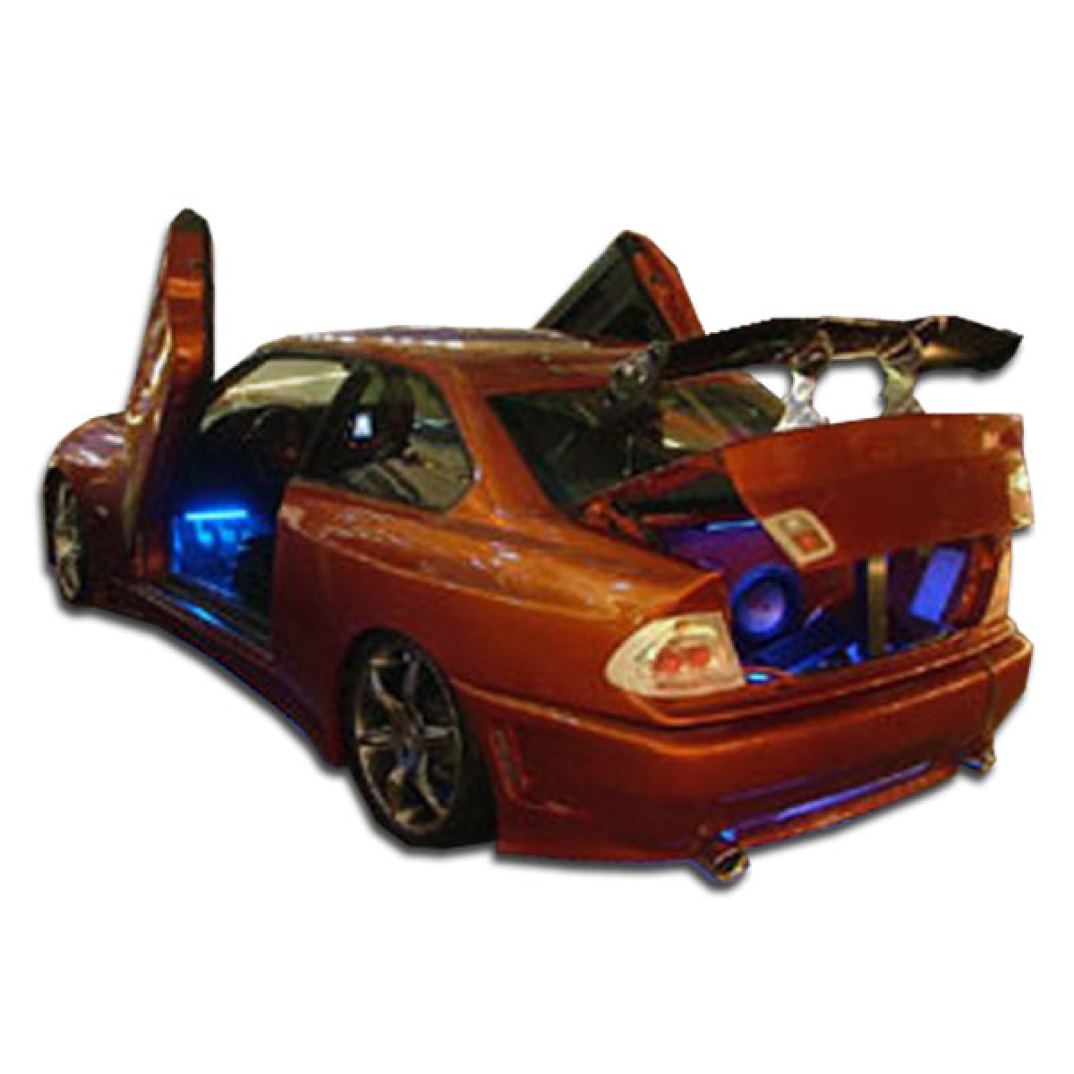 Modify your BMW 3-Series 1992 with our Exterior/Rear Bumpers or Lips - Rear angle view of a customized car with open doors