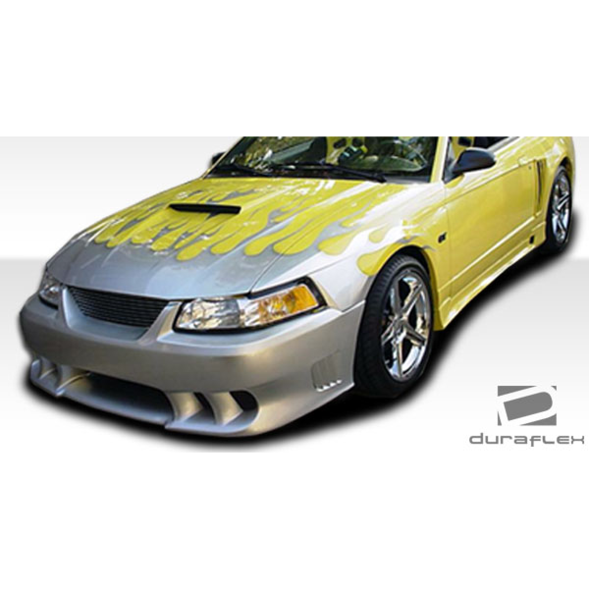 Modify your Ford Mustang 1999 with our Exterior/Front Bumpers or Lips - Front angle showing distinctive flame design