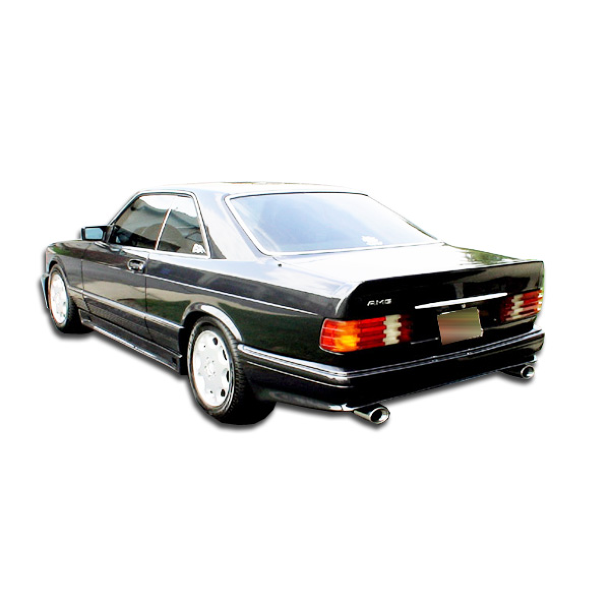 Modify your Mercedes-Benz S-Class 1981 with our Exterior/Rear Bumpers or Lips - Image shows rear angle of the vehicle