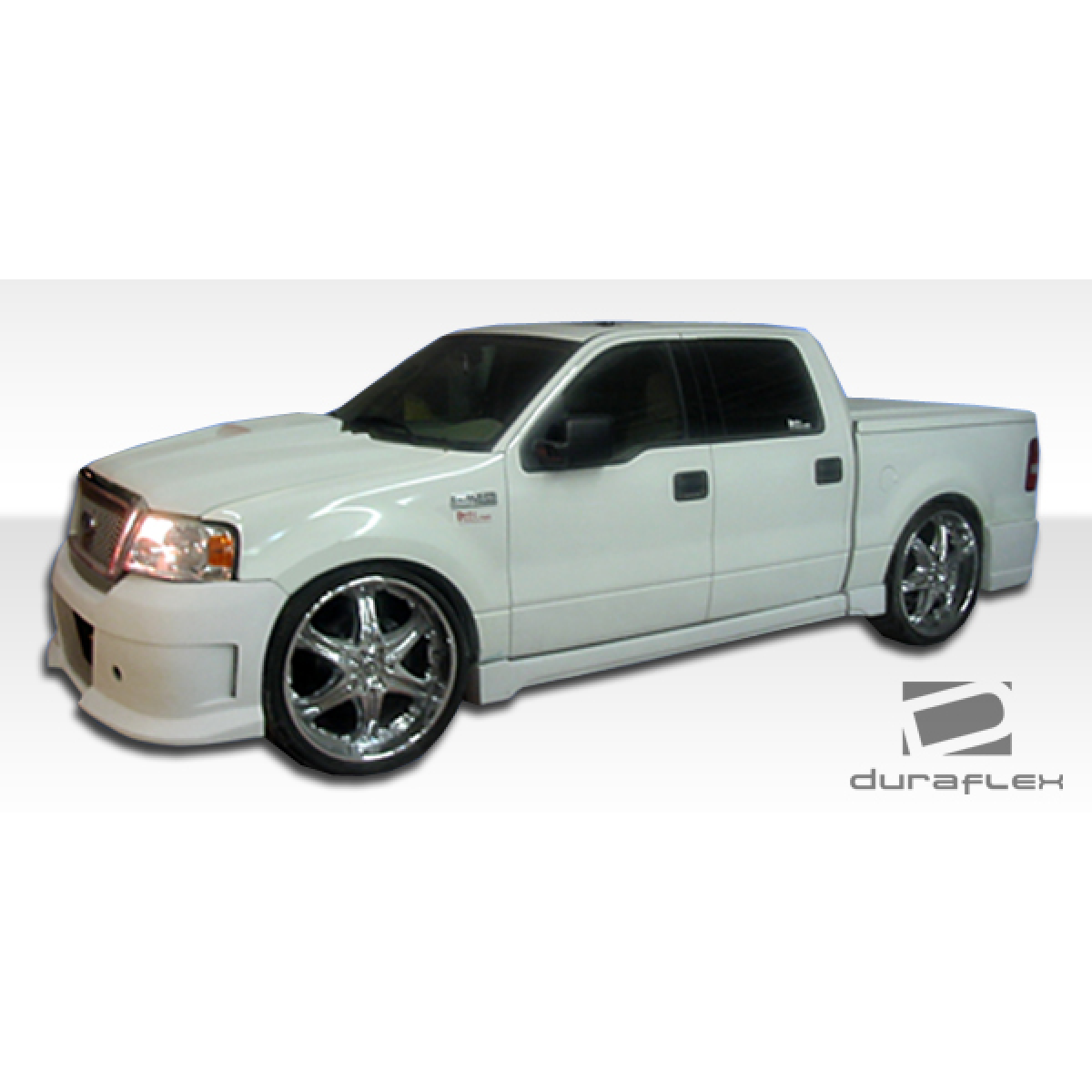 Modify your Ford F-150 2004 with our Exterior/Side Skirts - Side angle view of white Ford F-150 truck