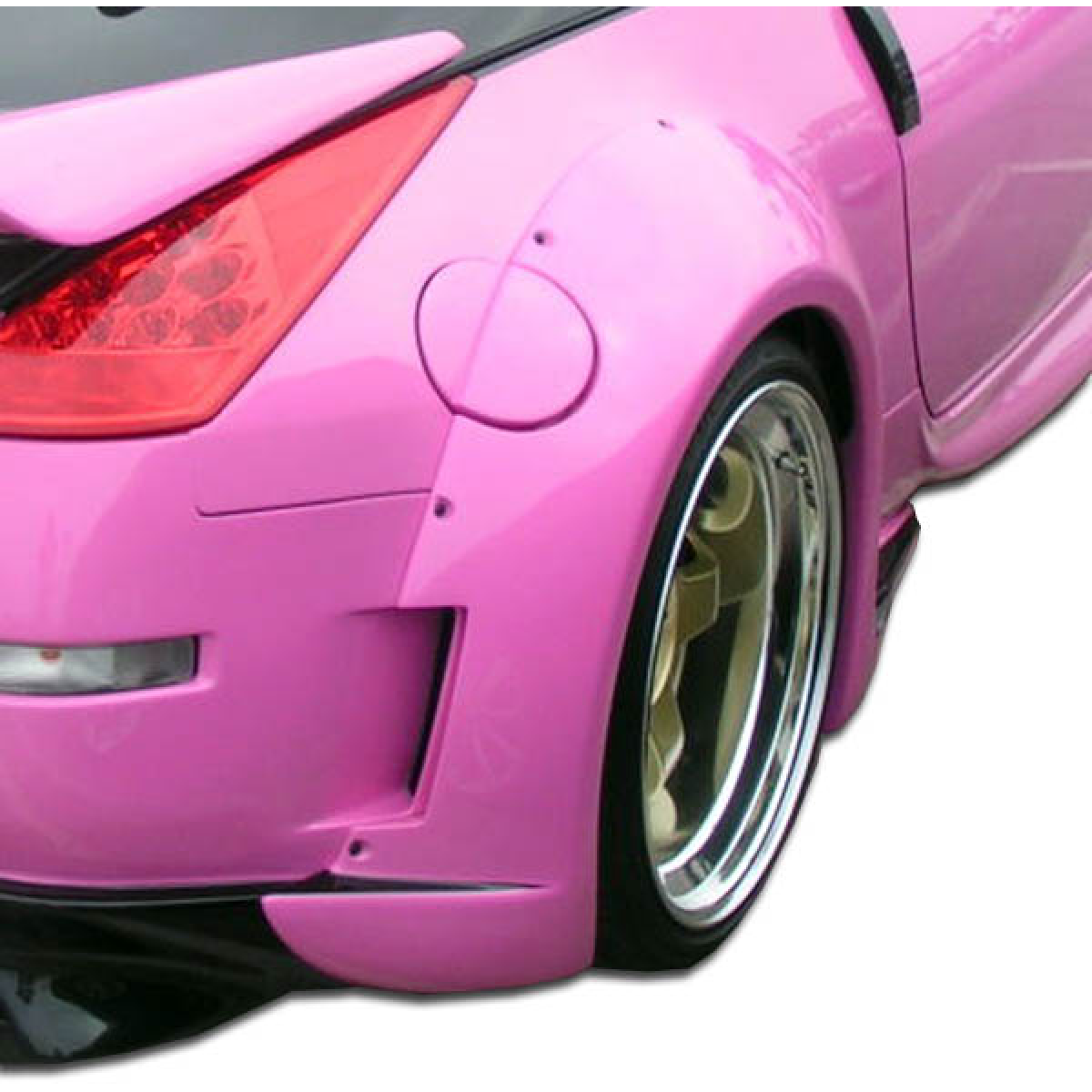 Modify your Nissan 350Z 2003 with our Exterior/Complete Body Kits - Rear angle view of pink 350Z fender flares