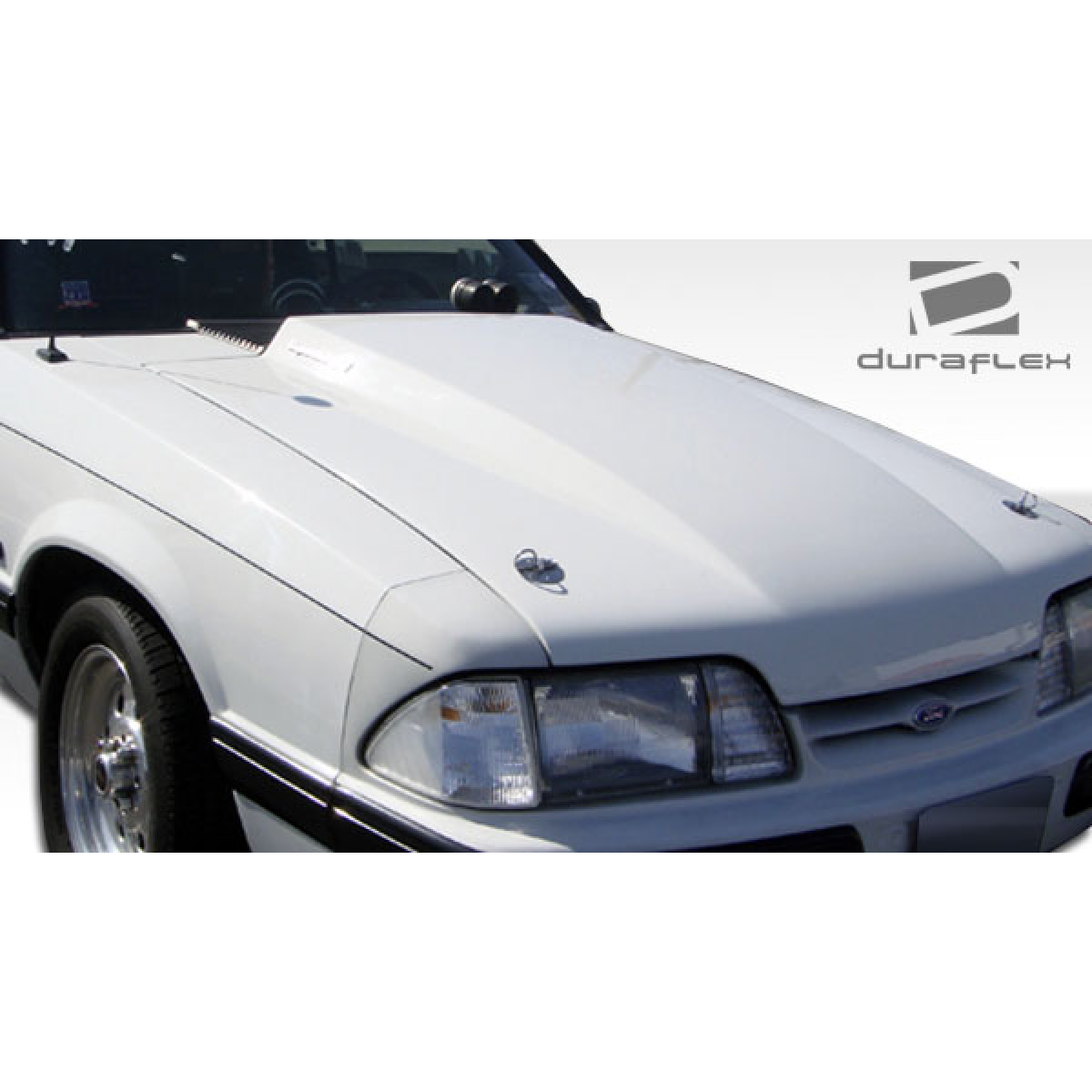 Modify your Ford Mustang 1987 with our Exterior/Hoods - Front angle view of the hood on a vehicle