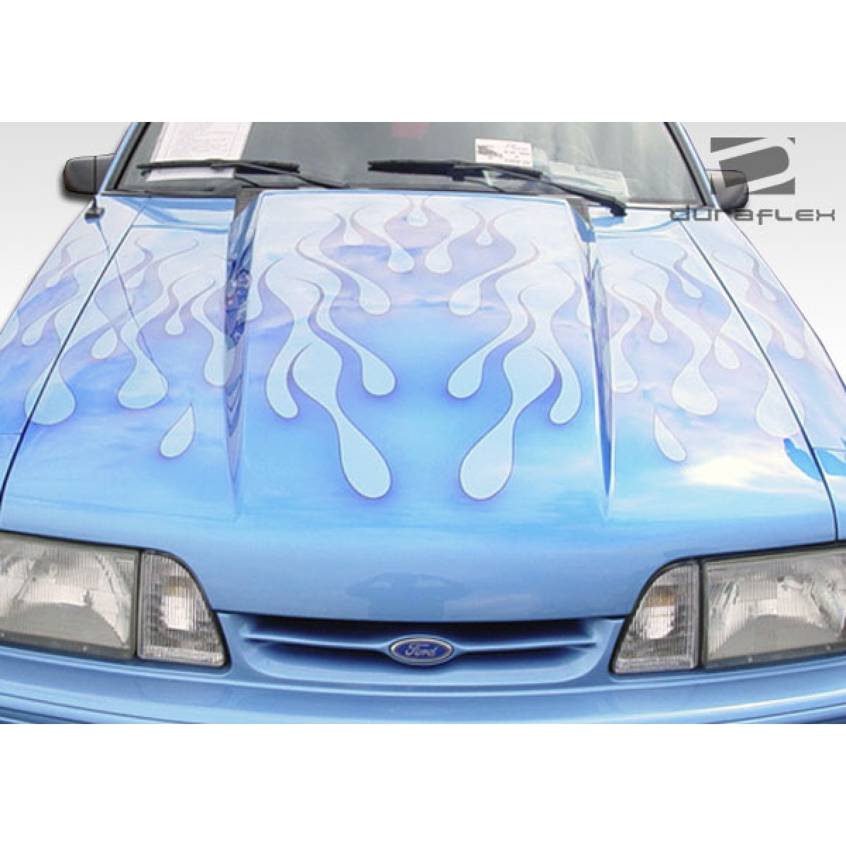 Modify your Ford Mustang 1987 with our Exterior/Hoods - Front view of a cowl hood at a high angle