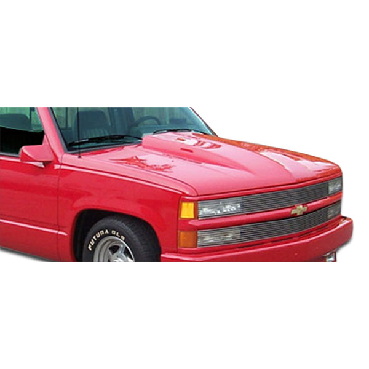 Modify your Chevrolet Pickup 1988 with our Exterior/Hoods - Front quarter angle view of a red pickup truck