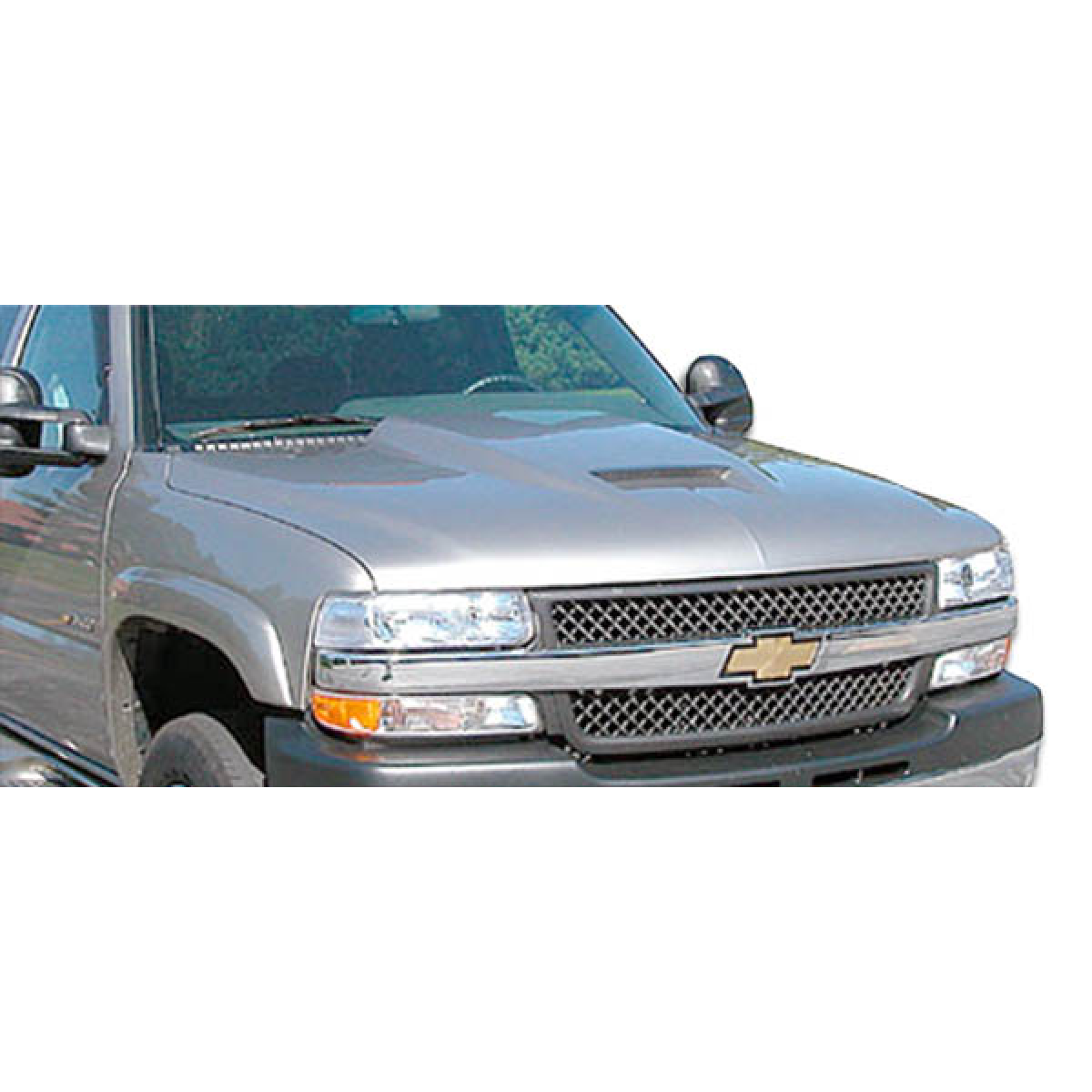 Modify your Chevrolet Silverado 1999 with our Exterior/Hoods - Front angle view of a Chevrolet Silverado