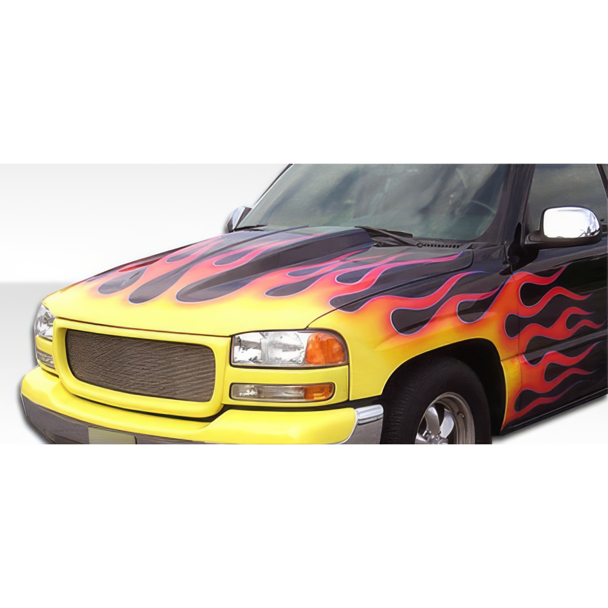 Modify your GMC Yukon 1999 with our Exterior/Hoods - Front angle view of vehicle hood with flames