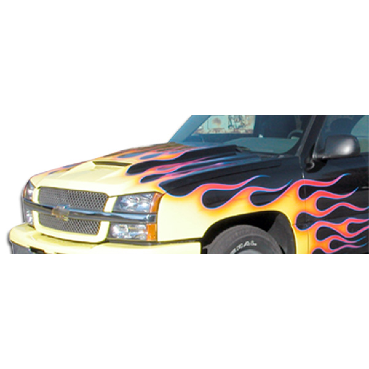 Modify your Chevrolet Avalanche 2002 with our Exterior/Hoods - Angled view of a customized hood with flames