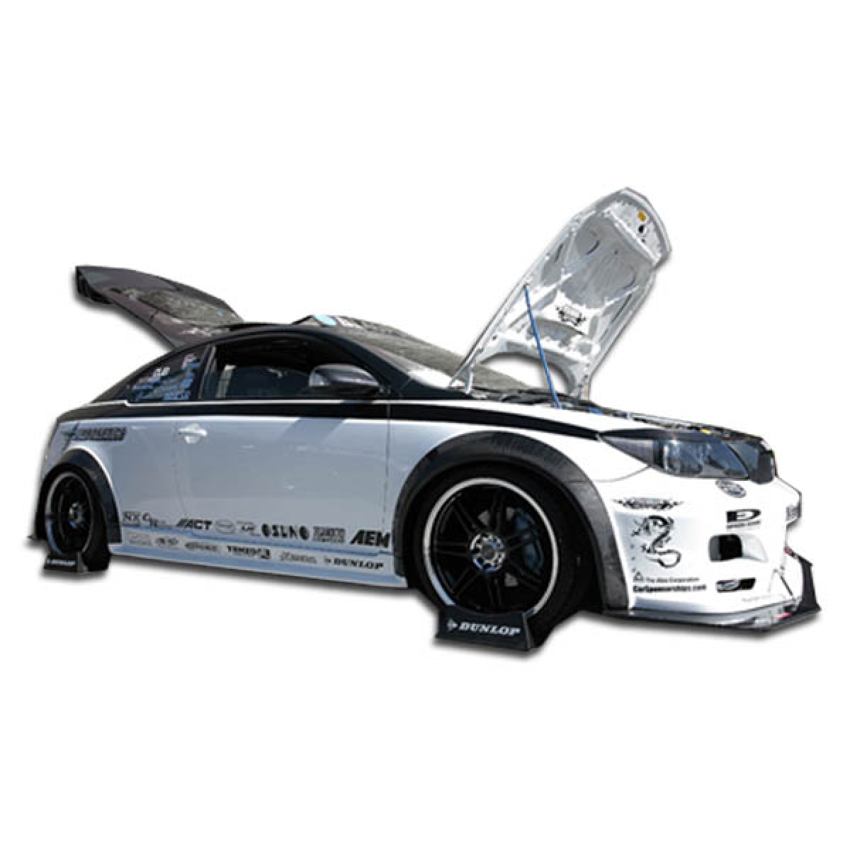 Modify your Scion tC 2005 with our Exterior/Complete Body Kits - Side angle showing car with open hood and wide body kit