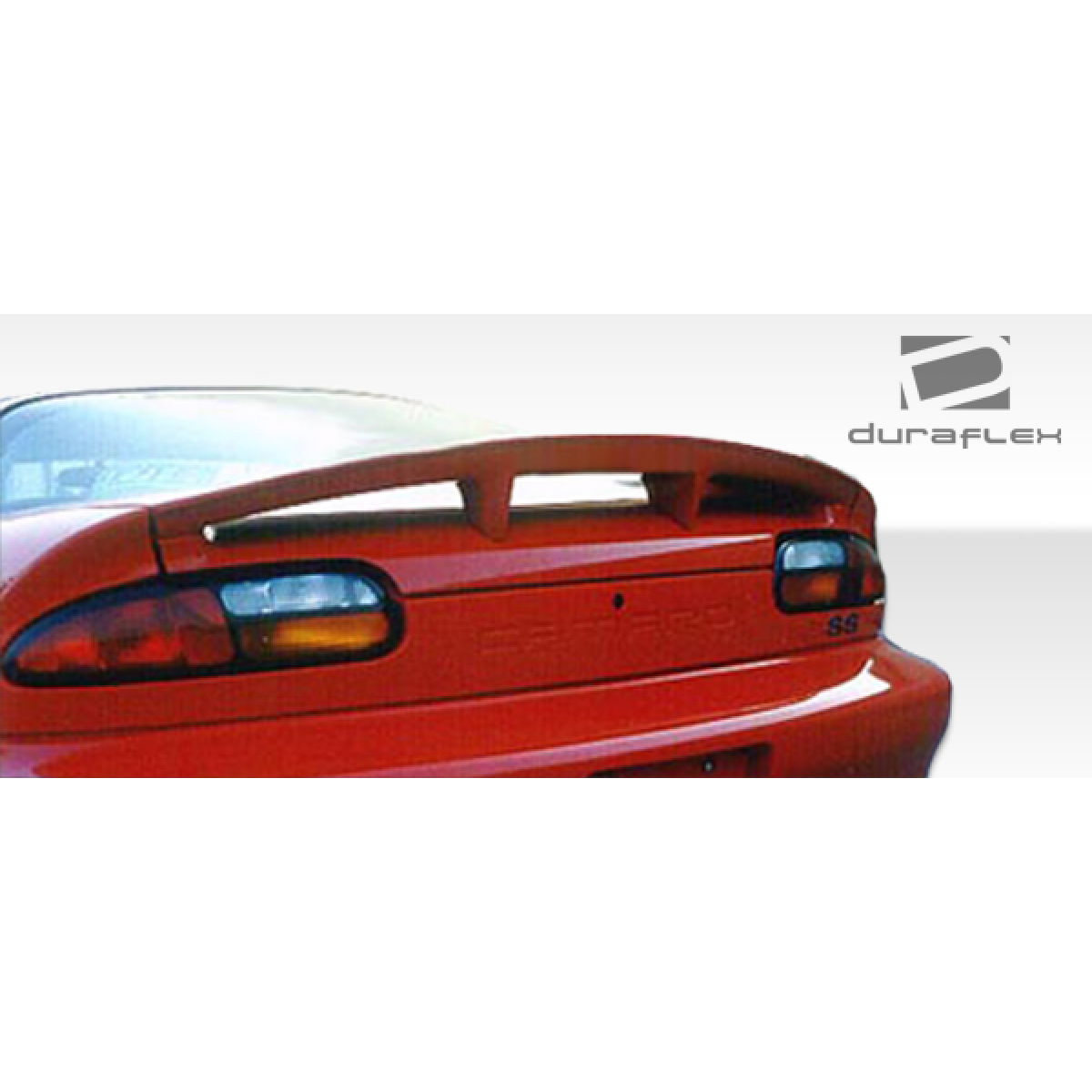 Modify your Chevrolet Camaro 1993 with our Exterior/Wings - Rear view angle of spoiler on red Camaro