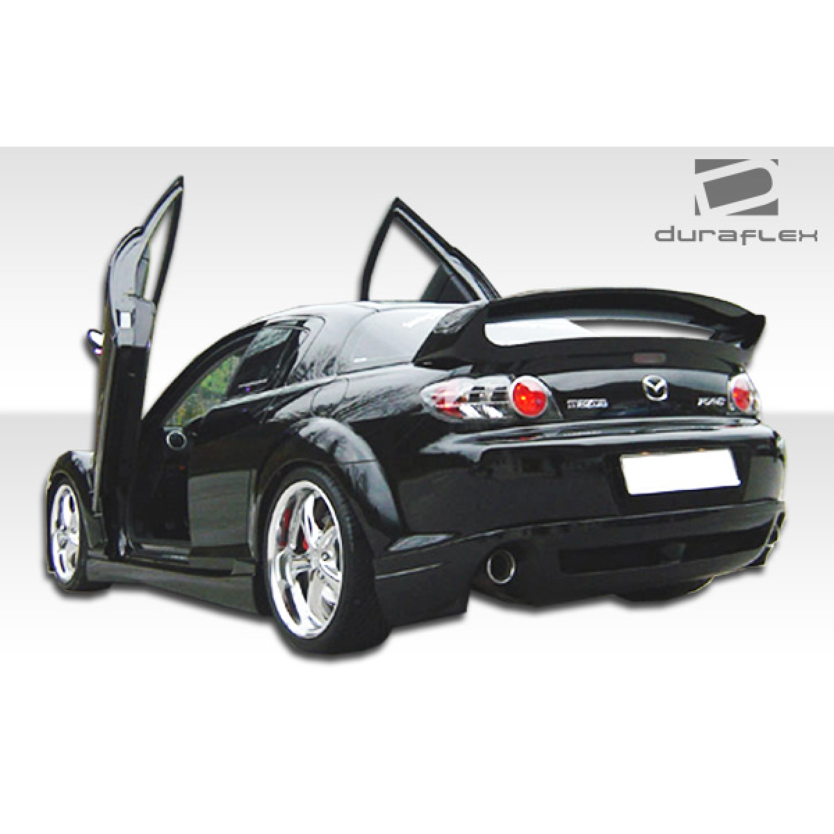 Modify your Mazda RX-8 2004 with our Exterior/Side Skirts - Image shows vehicle from a rear angle